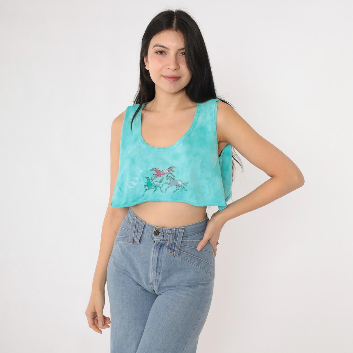 90s Horse Tie Dye Crop Tank Top Turquoise Scoop Neck Small Medium