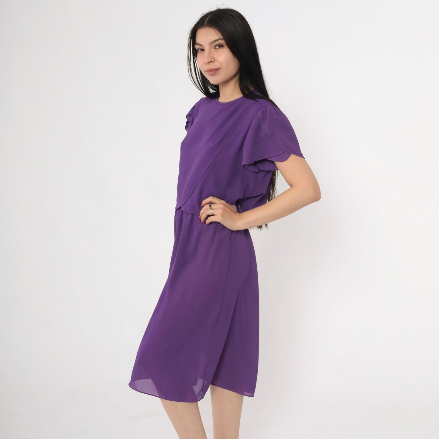 80s Purple Tulip Sleeve Dress Layered Bodice Knee Length Medium M