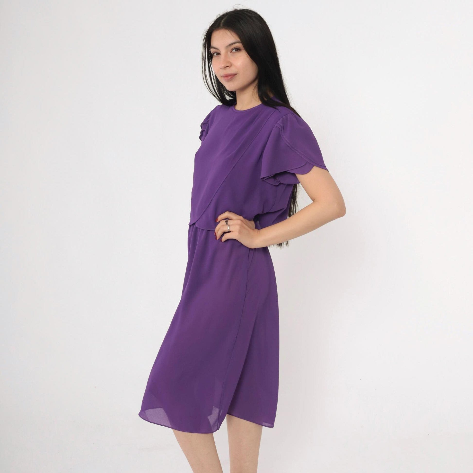 80s Purple Tulip Sleeve Dress Layered Bodice Knee Length Medium M