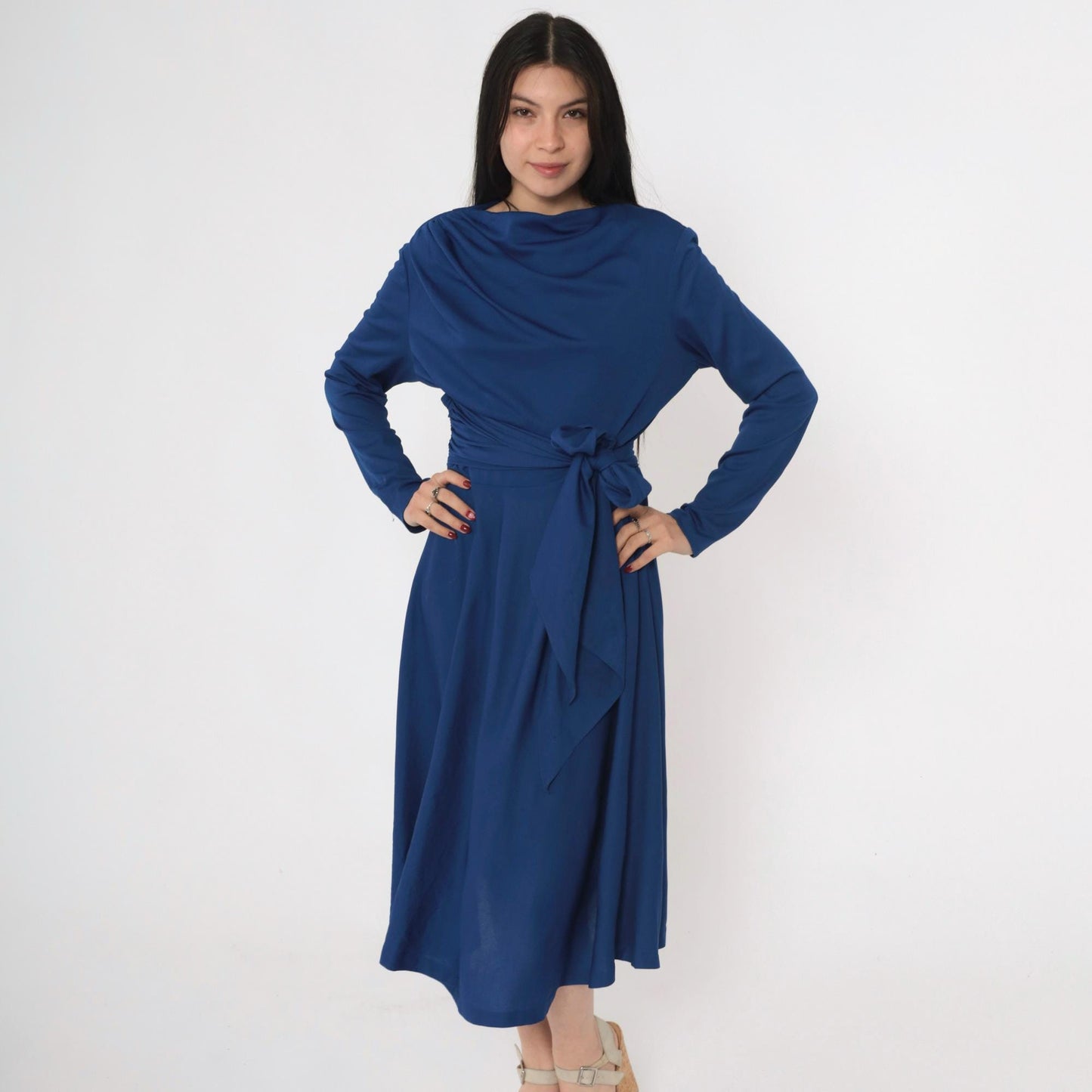70s Royal Blue Dress Draped Boat Neck Tie Waist Midi A-Line Long Sleeve Large
