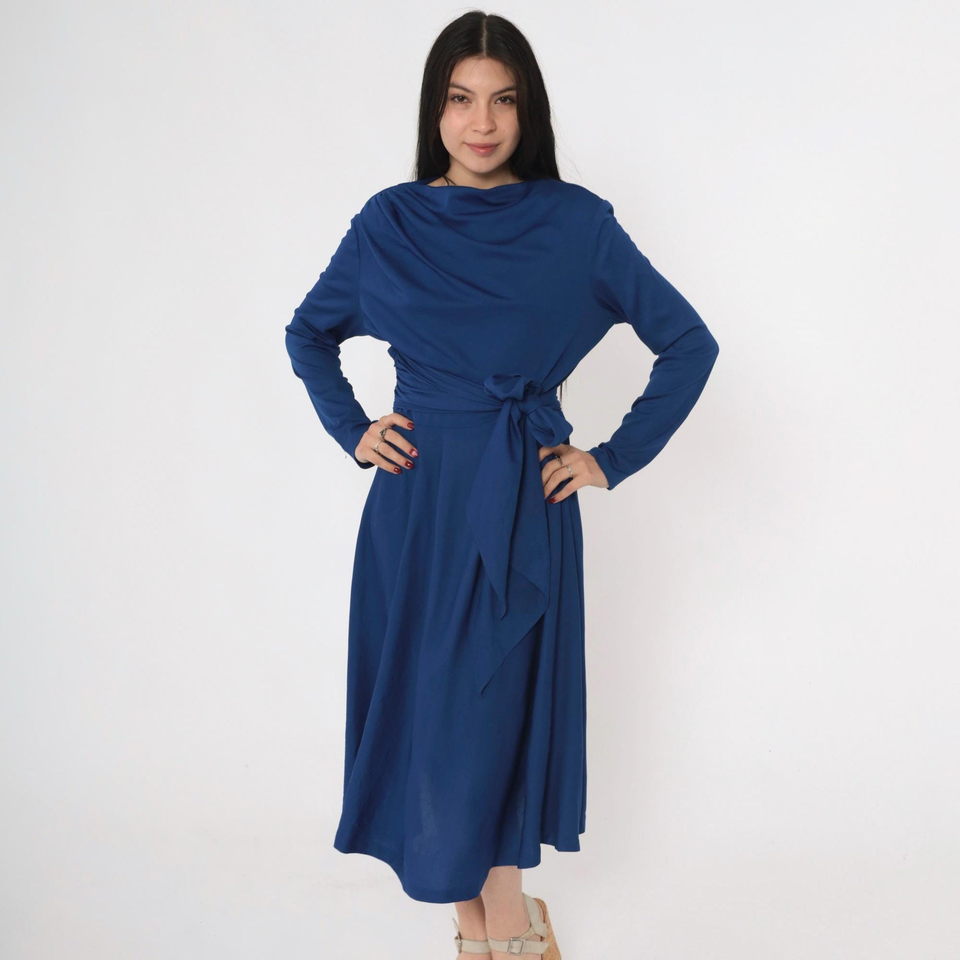 70s Royal Blue Dress Draped Boat Neck Tie Waist Midi A-Line Long Sleeve Large