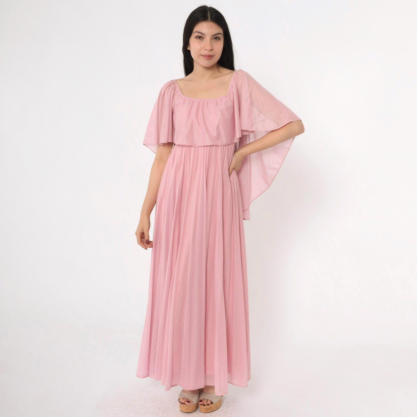70s Pink Grecian Maxi Dress Capelet Flutter Sleeve High Waist Extra Small
