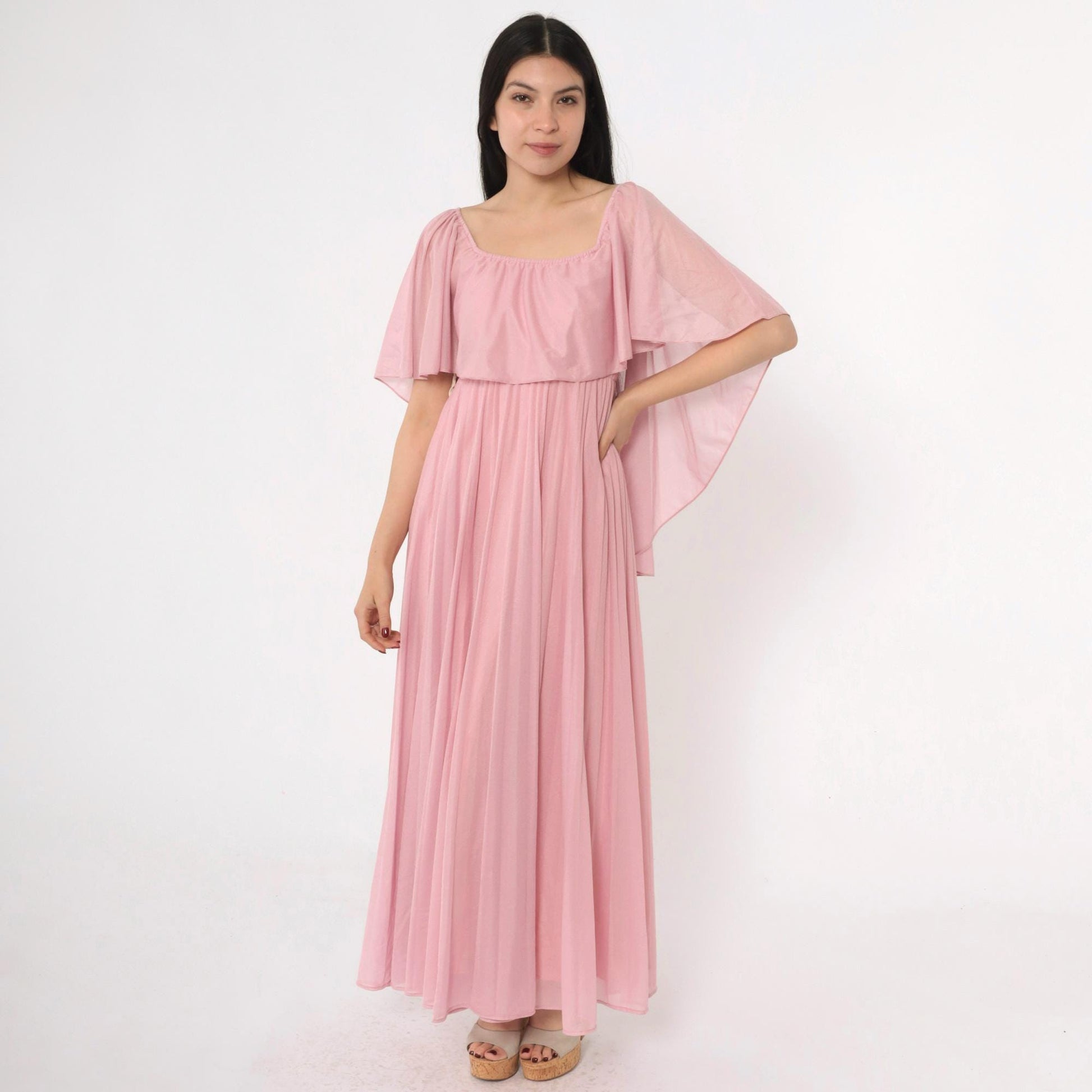 70s Pink Grecian Maxi Dress Capelet Flutter Sleeve High Waist Extra Small