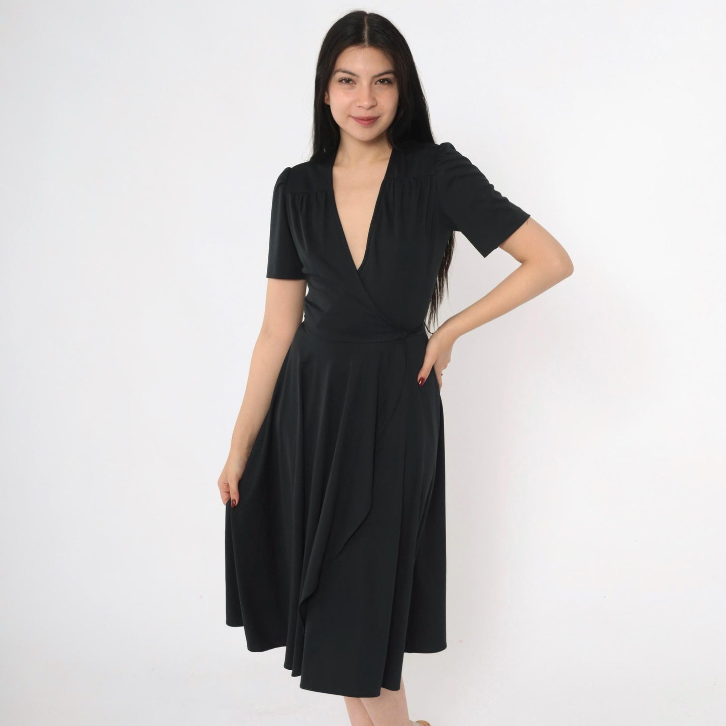 70s Young Edwardian Arpeja Black Wrap Midi Dress Puff Sleeve V Neck Small