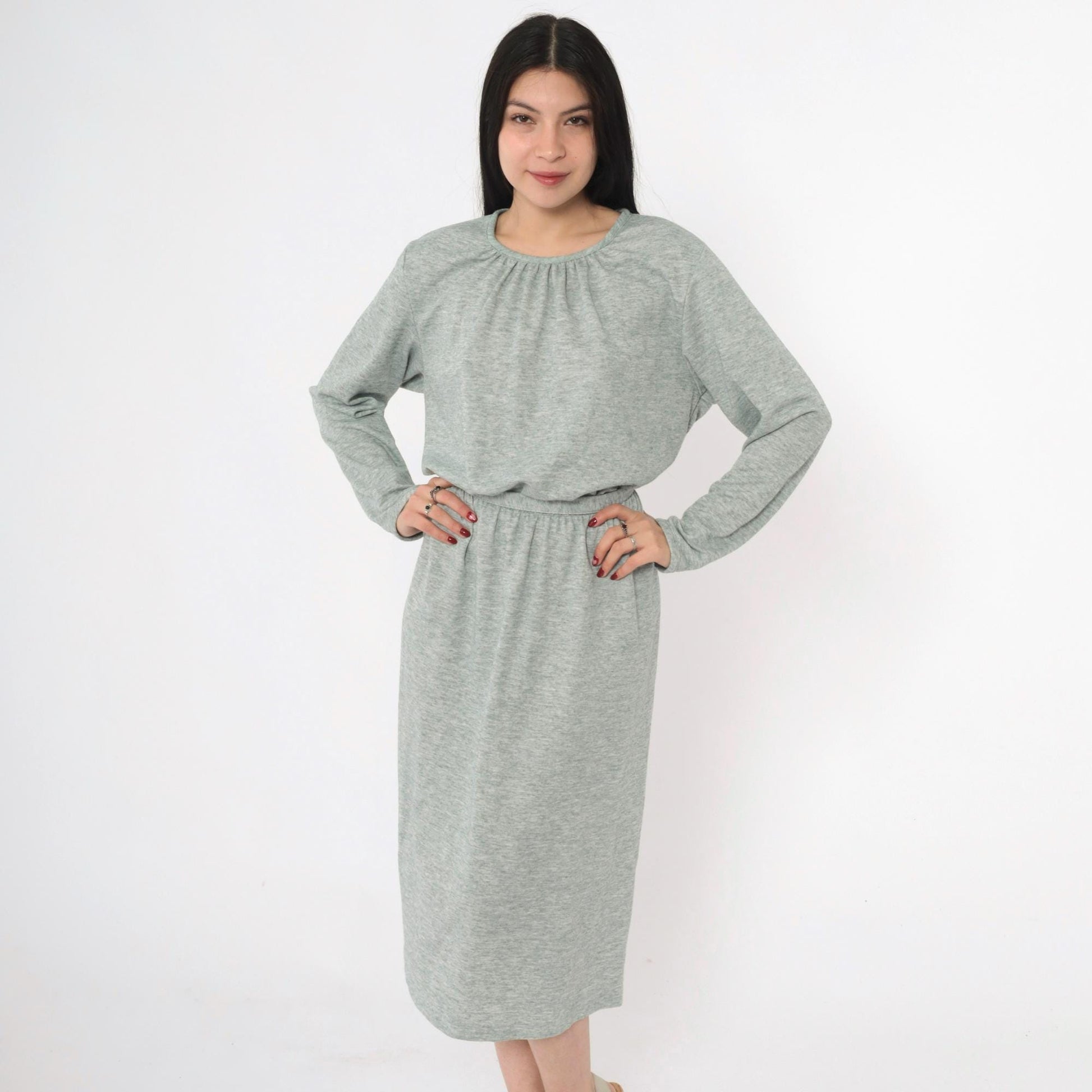 80s Heather Green Wool Blend Midi Dress High Waist Long Sleeve Belt Extra Large