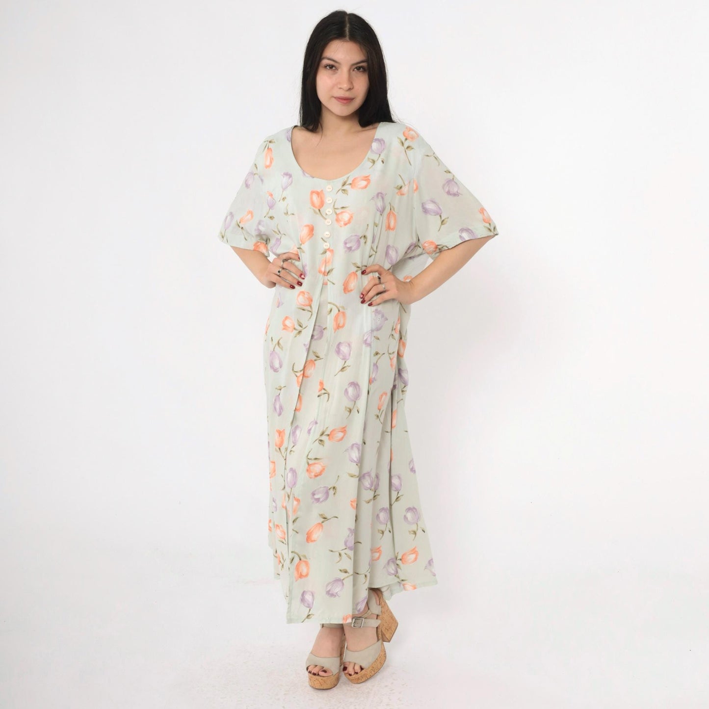 90s Jamie Brooke Floral Maxi Dress Green Button-Up Scoop Neck Short Sleeve XXL