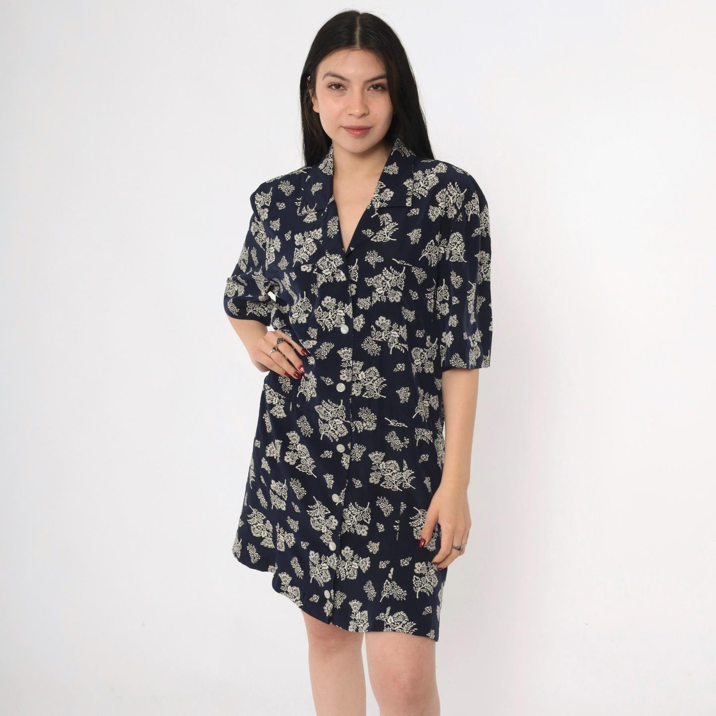 80s Liz Claiborne Navy Floral Midi Dress Drop Waist Button Front Extra Large