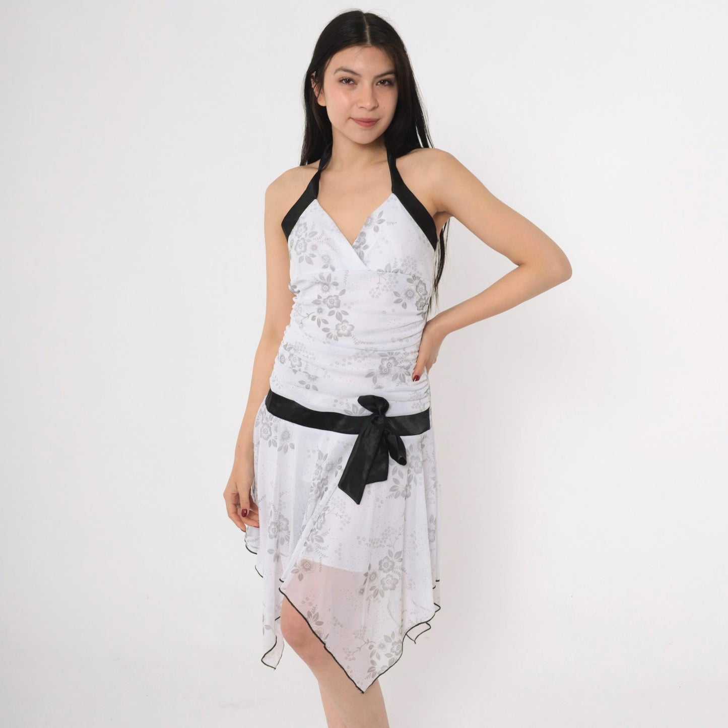 Y2K Taboo Floral Halter Mini Dress White Grey Ruched Hanky Hem Medium