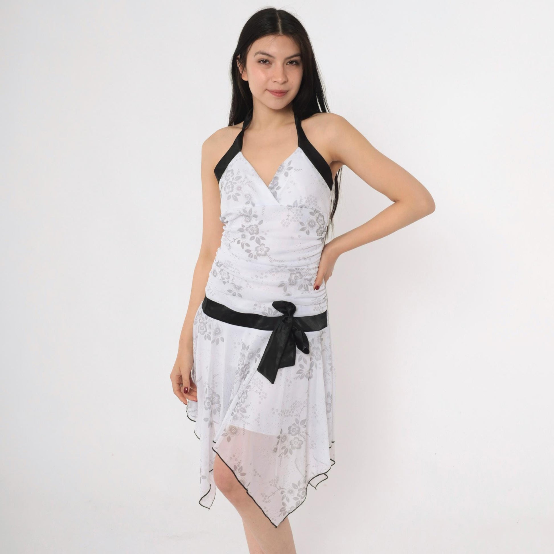 Y2K Taboo Floral Halter Mini Dress White Grey Ruched Hanky Hem Medium