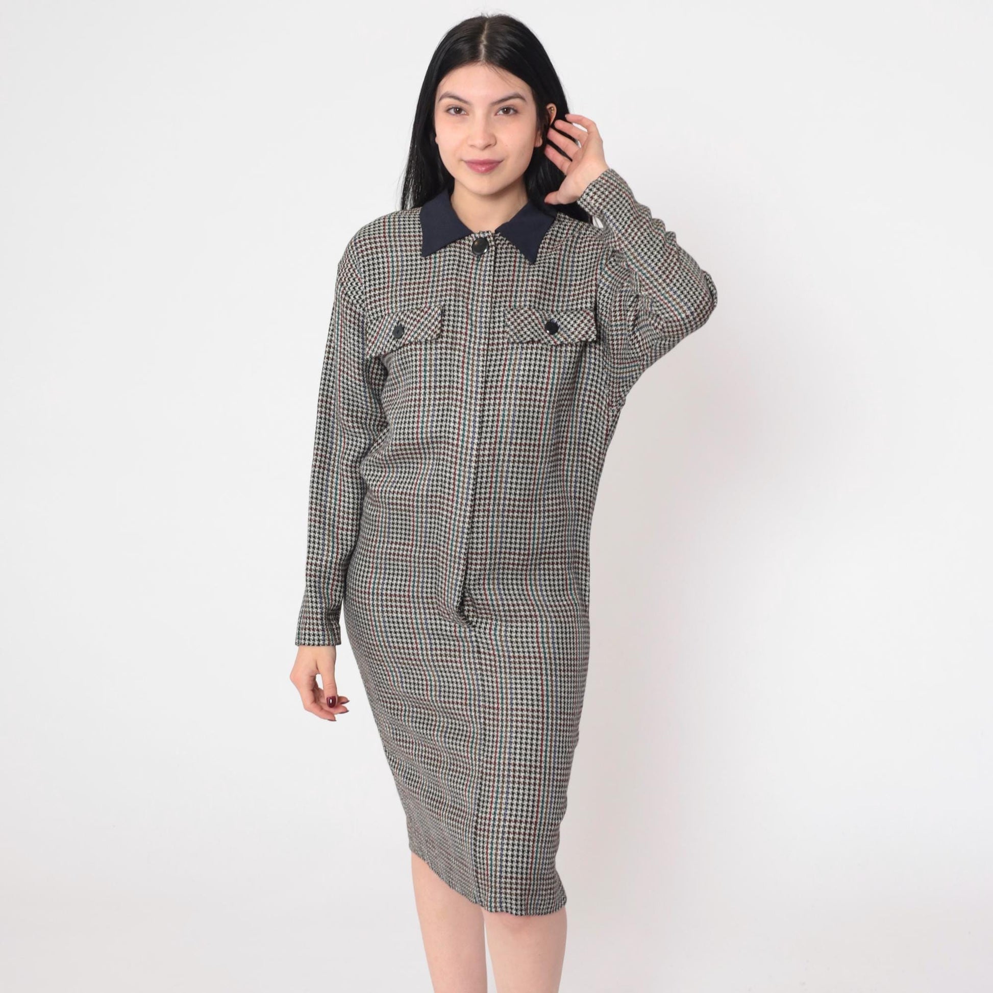 90s Houndstooth Midi Shirtdress Black White Checkered Button-Up Large