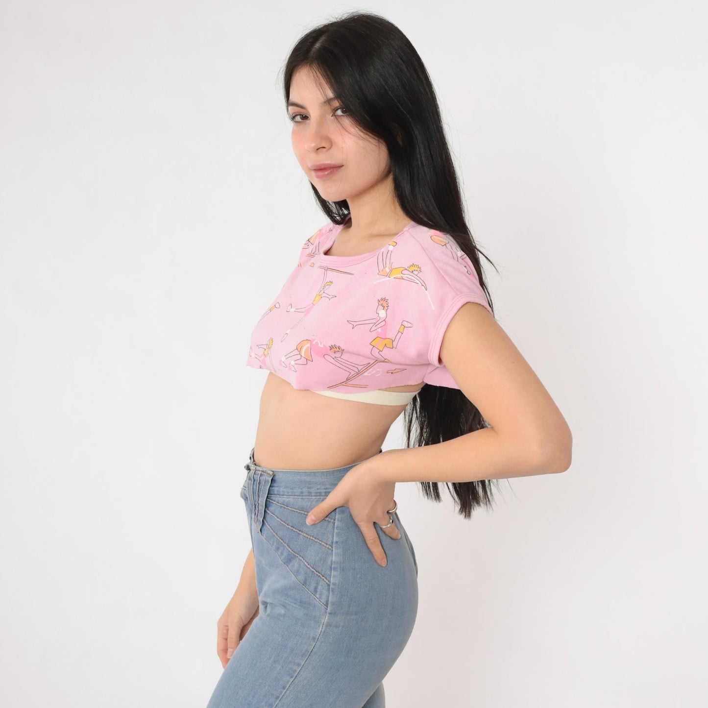 80s Track and Field Crop Top Pink Graphic Tee Cartoon Runners Small