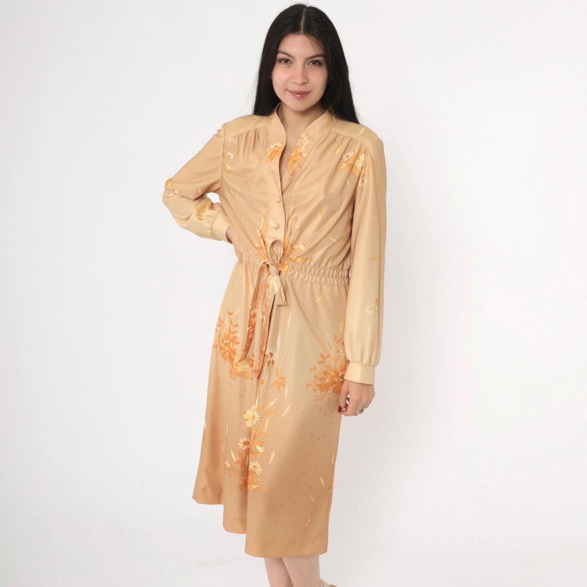 70s Tan Floral Midi Dress Button-Up Smocked Waist Tie Belt Long Sleeve Medium