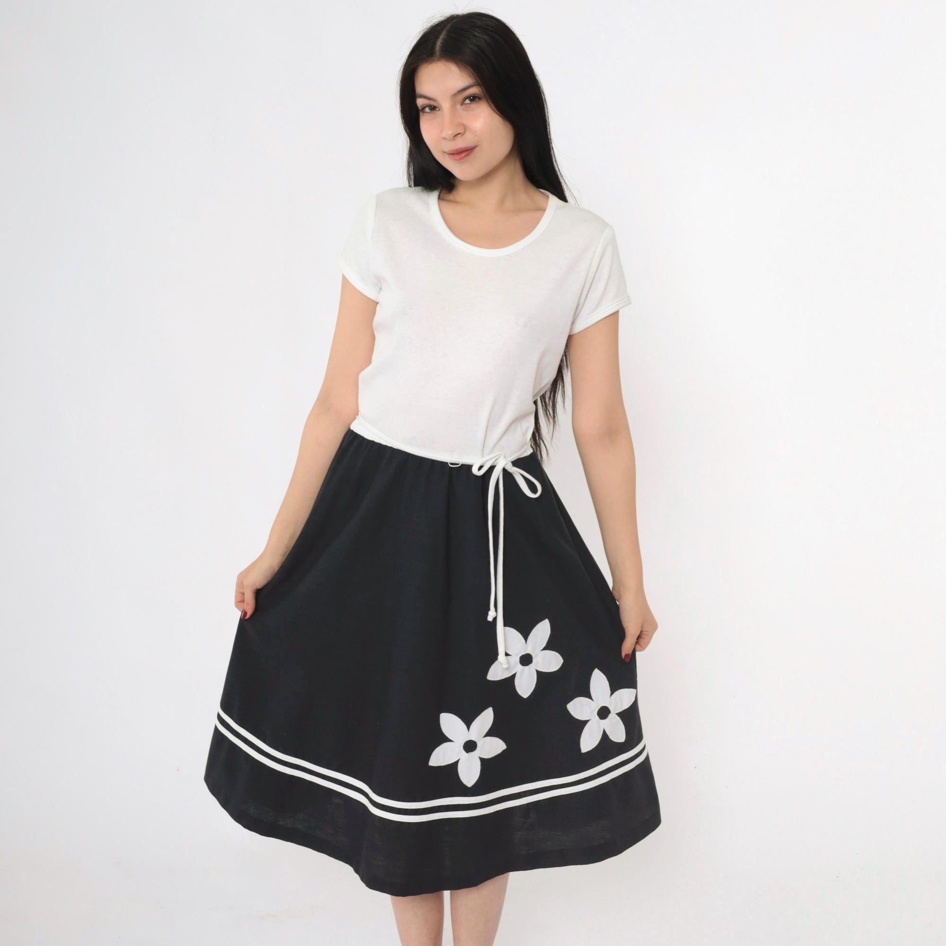 70s Toni Todd Black White Floral Appliqué Midi Dress High Waist Scoop Neck Medium
