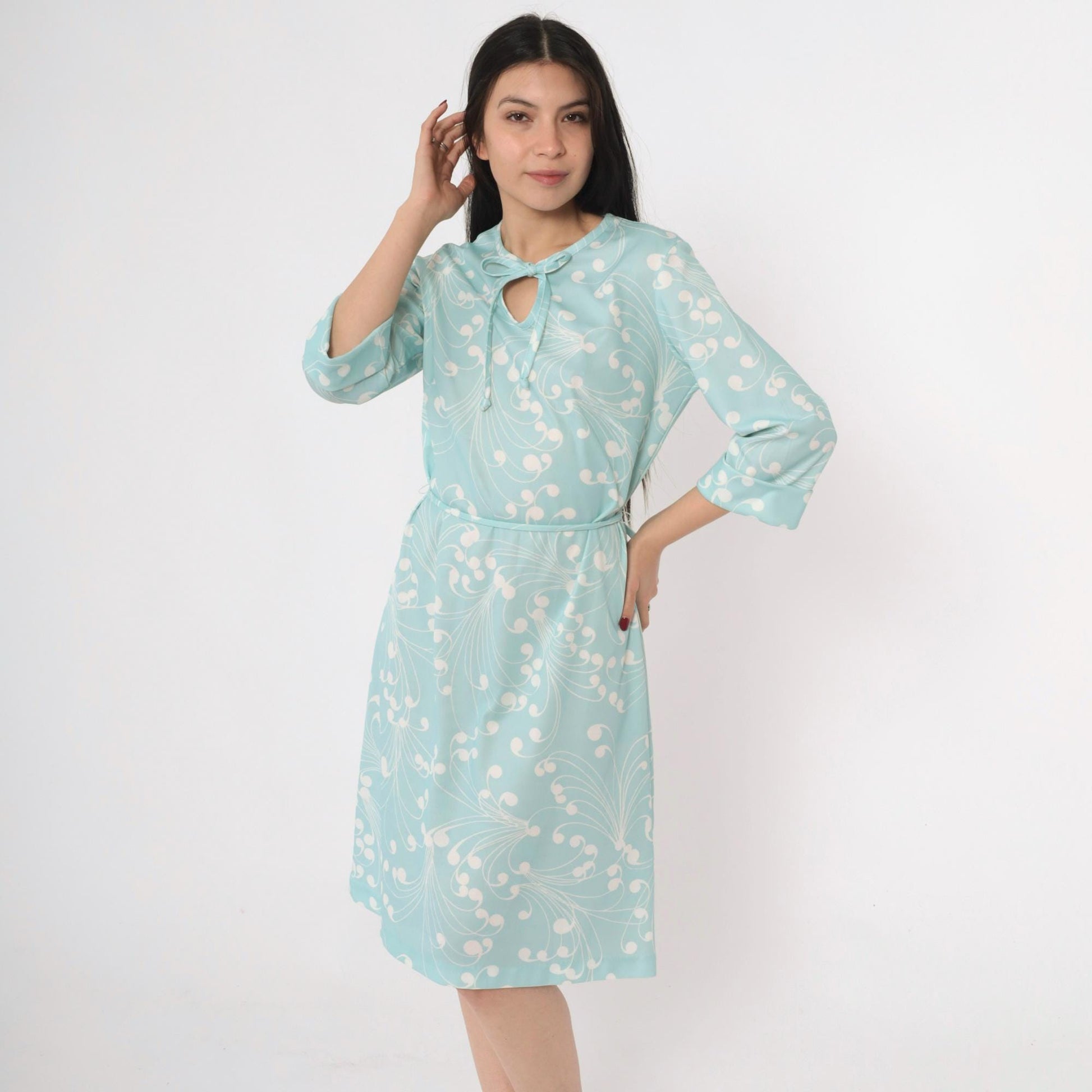 70s Lady Blair Aqua Swirl Print Shift Dress Keyhole Tie Neck Medium
