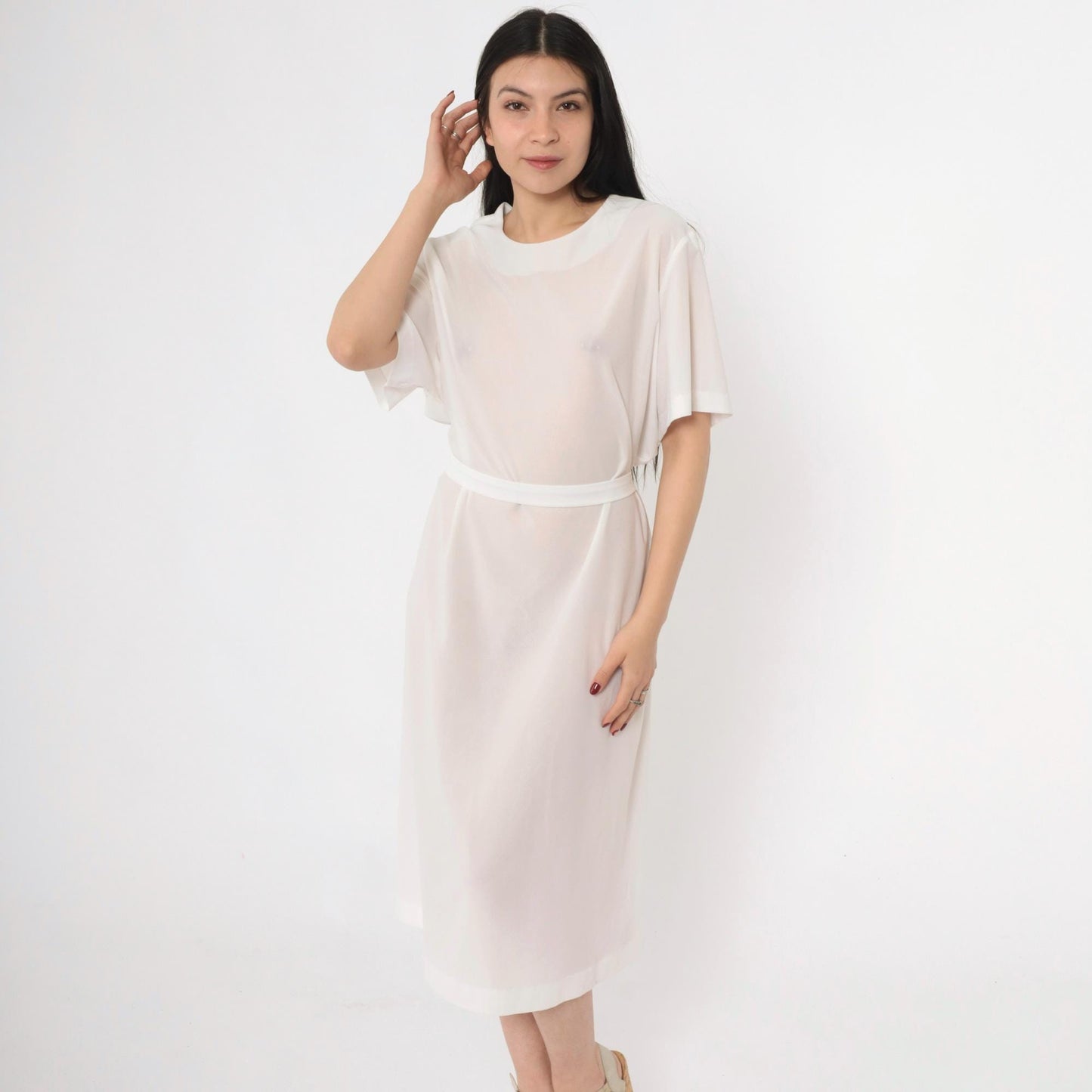 70s Sheer White Shift Dress Tie Belt Short Sleeve Mini Plus Size XXL