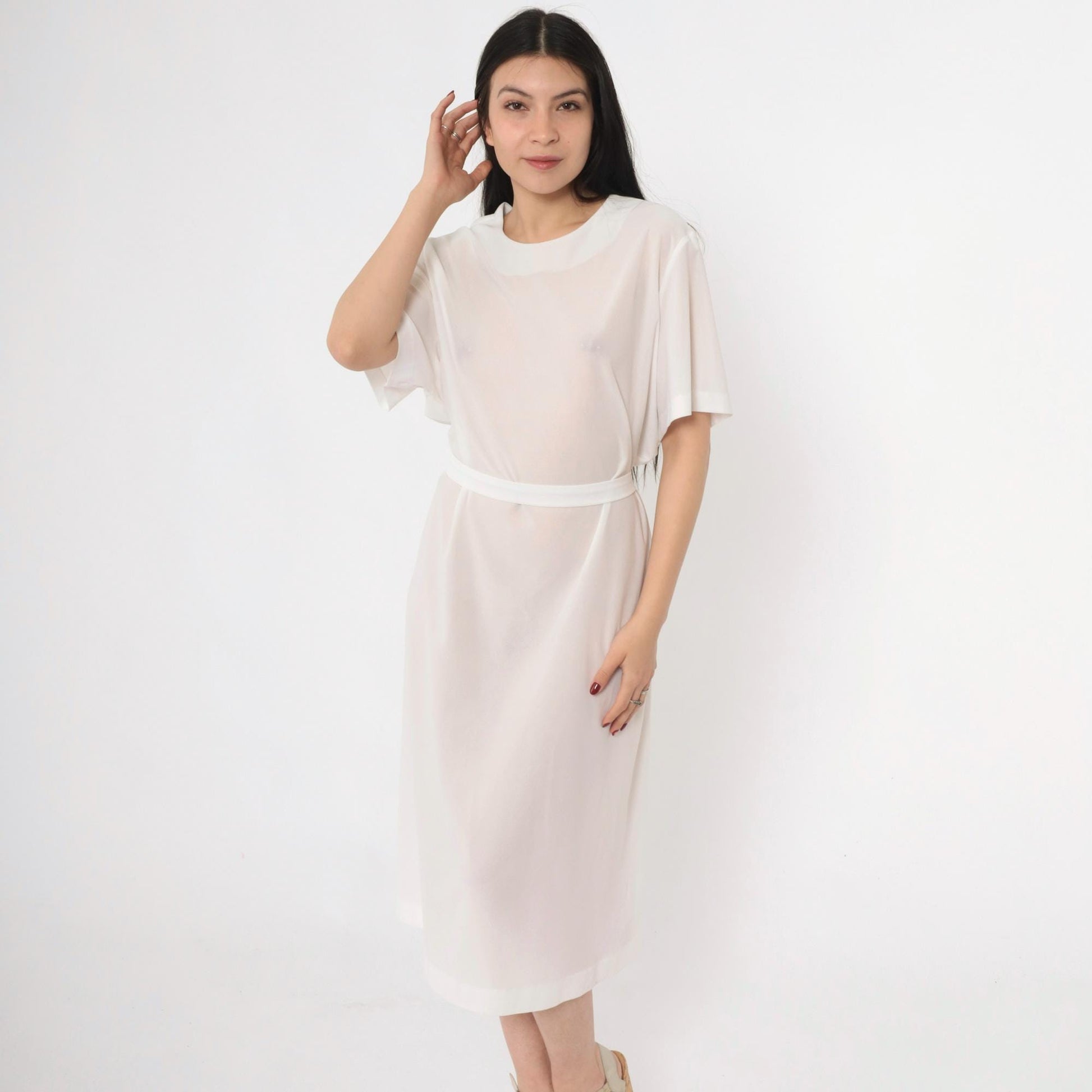 70s Sheer White Shift Dress Tie Belt Short Sleeve Mini Plus Size XXL