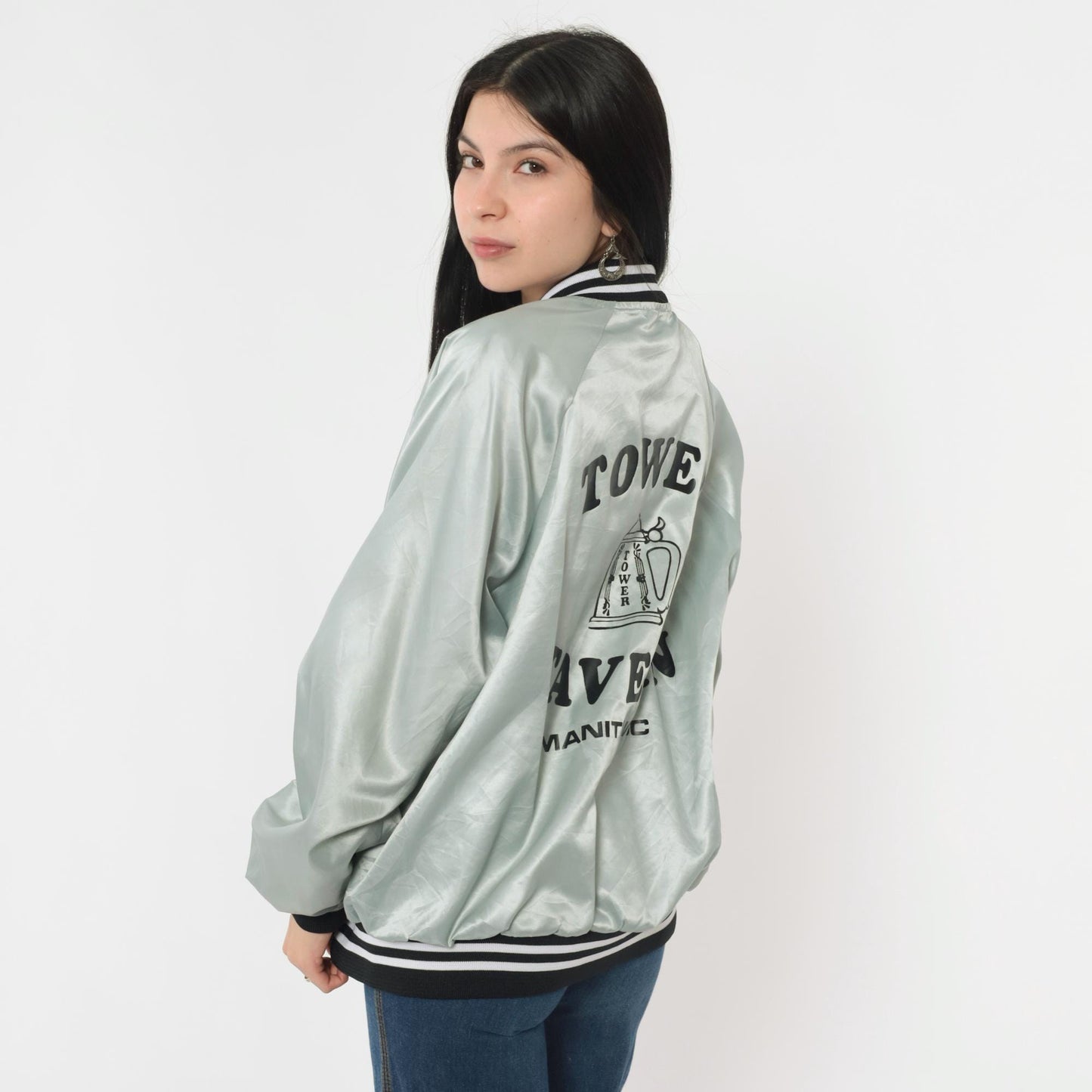 80s Silver Satin Bomber Jacket Tower Tavern Manitowoc Snap Front Men's Large