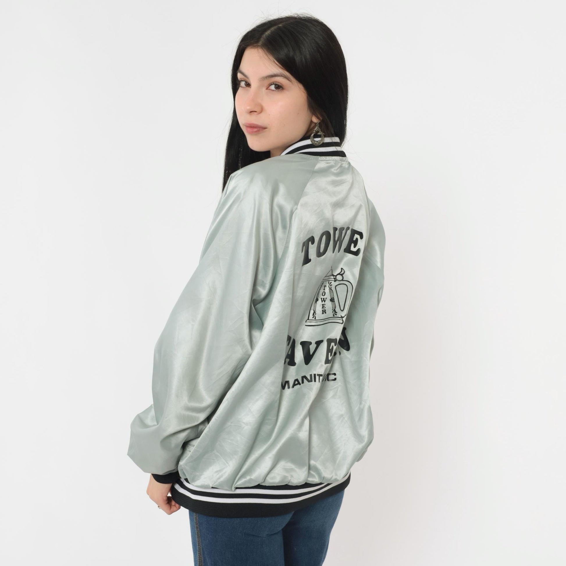 80s Silver Satin Bomber Jacket Tower Tavern Manitowoc Snap Front Men's Large