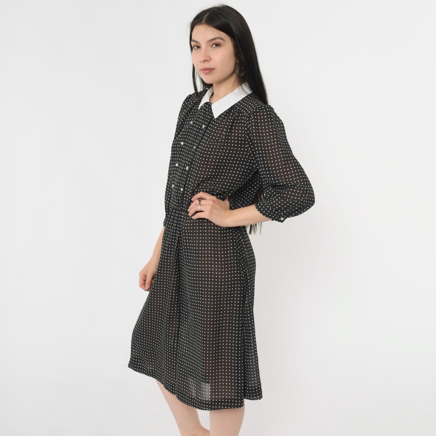 80s Black Polka Dot Midi Dress White Collar Puff Sleeve Button Front Medium M