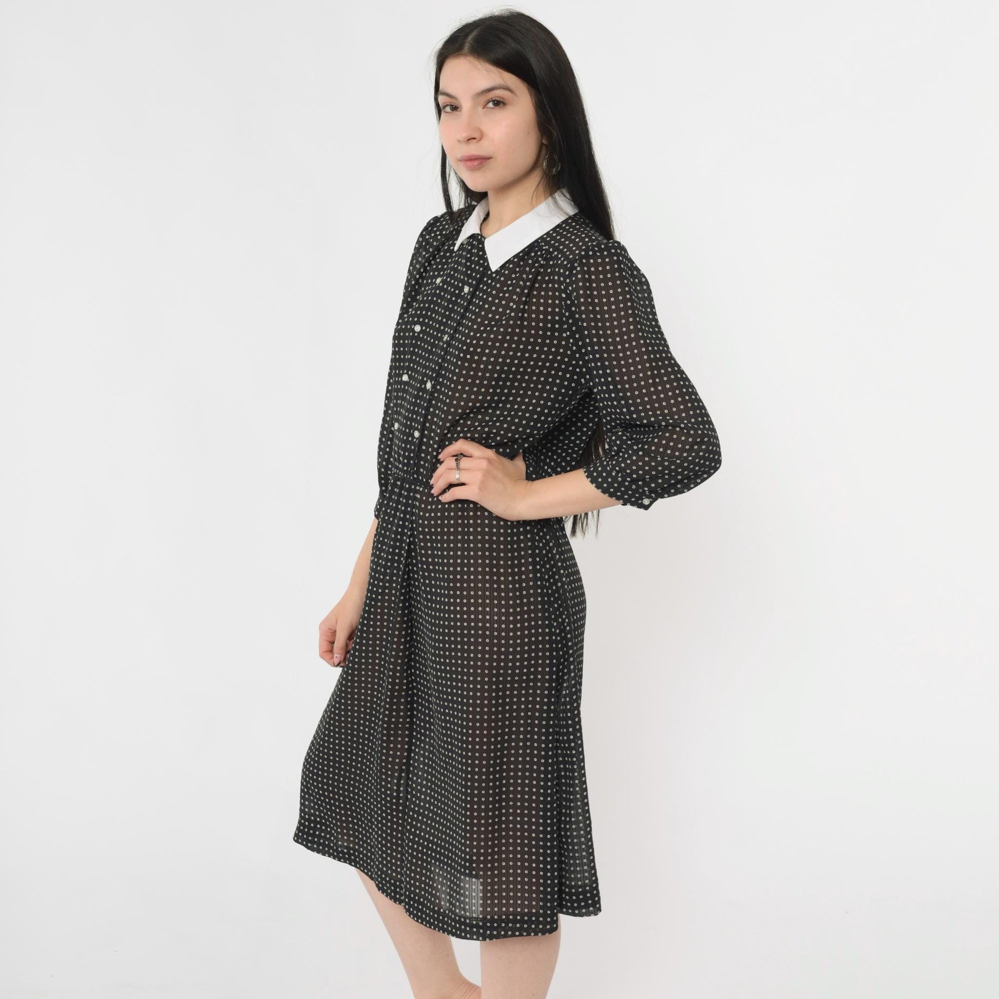80s Black Polka Dot Midi Dress White Collar Puff Sleeve Button Front Medium M