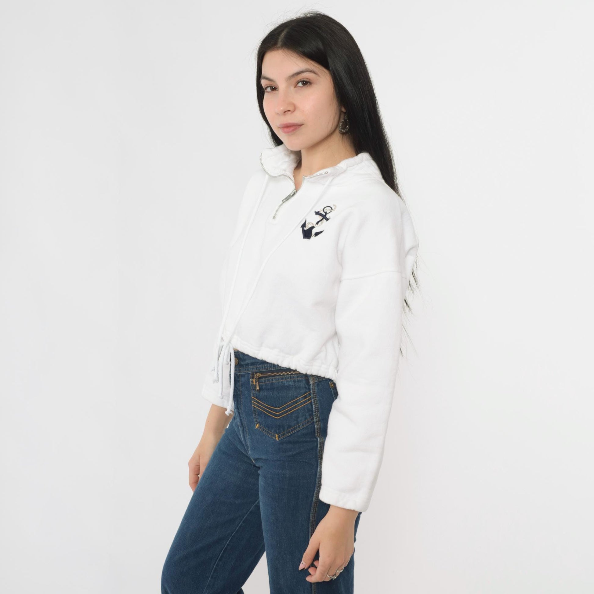 90s The Deep End White Anchor Embroidered Half-Zip Sweatshirt Cropped Large