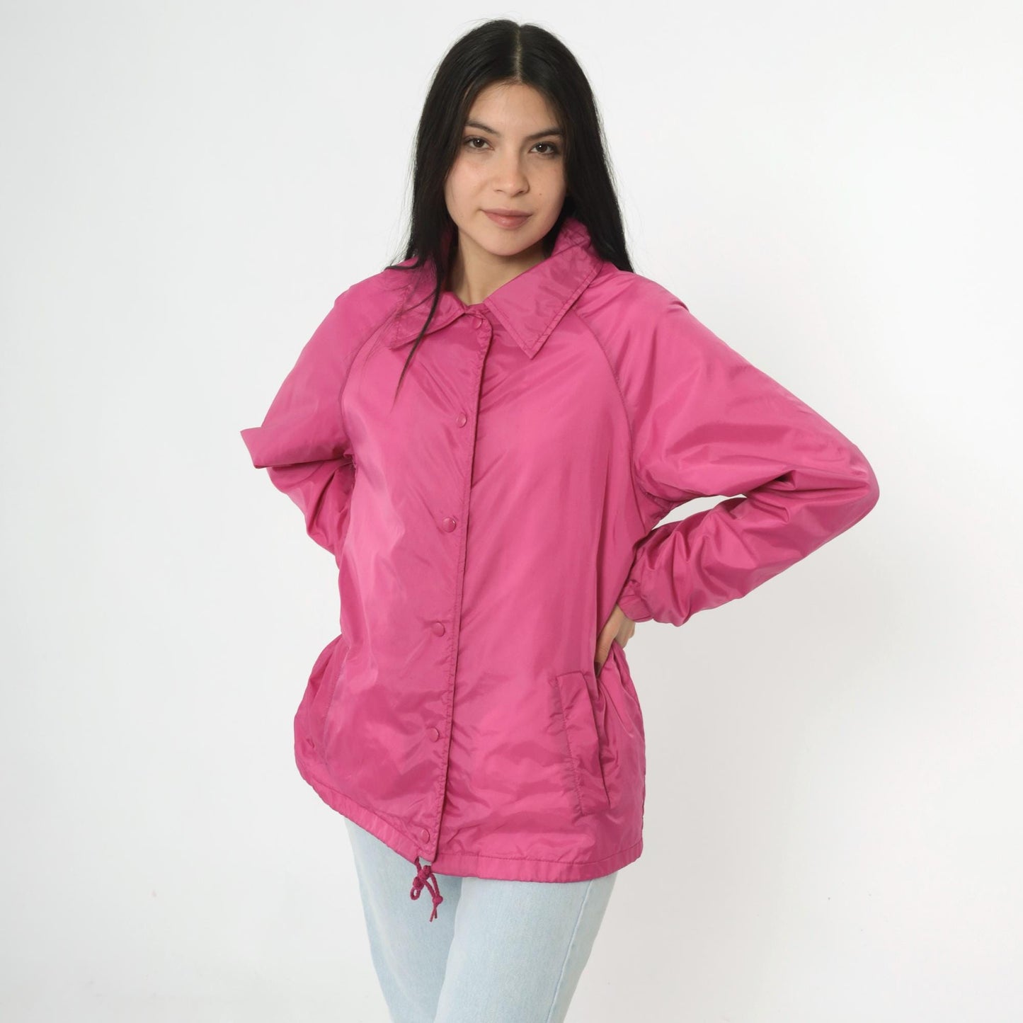 80s Pink Nylon Windbreaker Jacket Snap Front Raglan Drawstring Medium