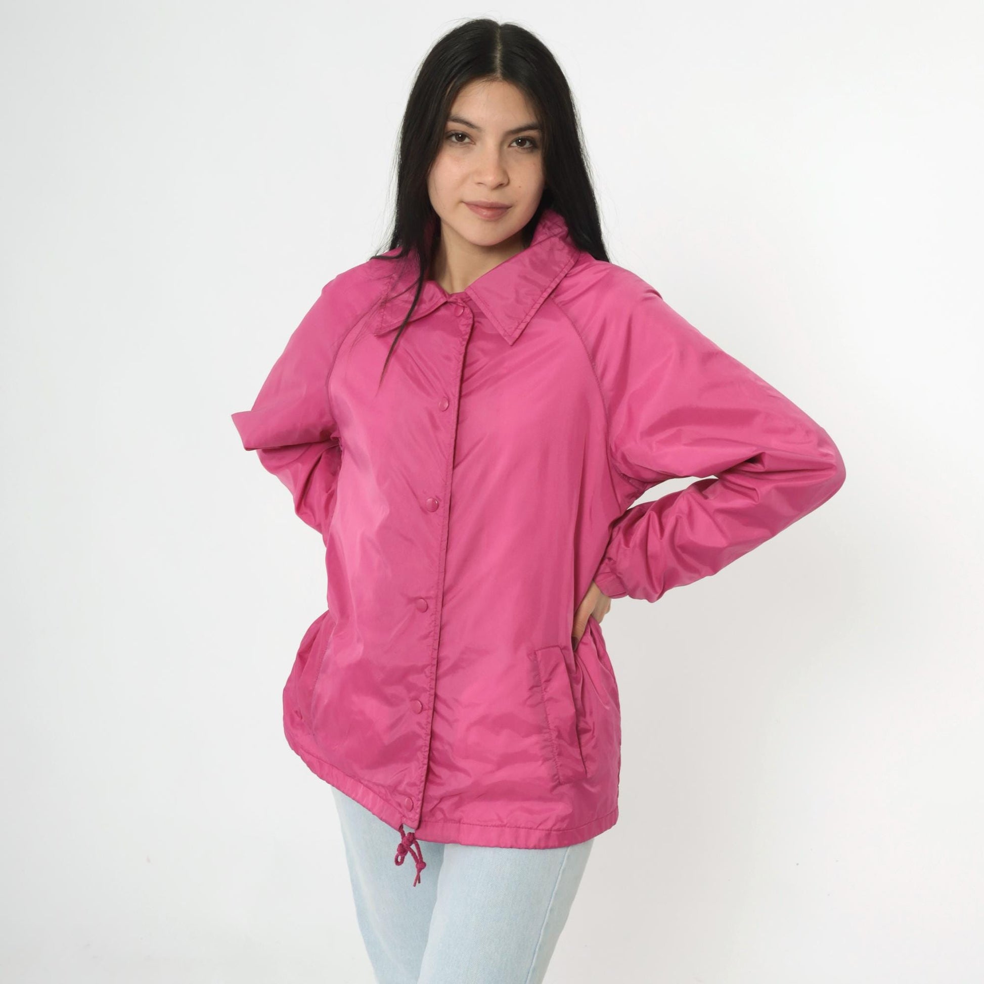 80s Pink Nylon Windbreaker Jacket Snap Front Raglan Drawstring Medium
