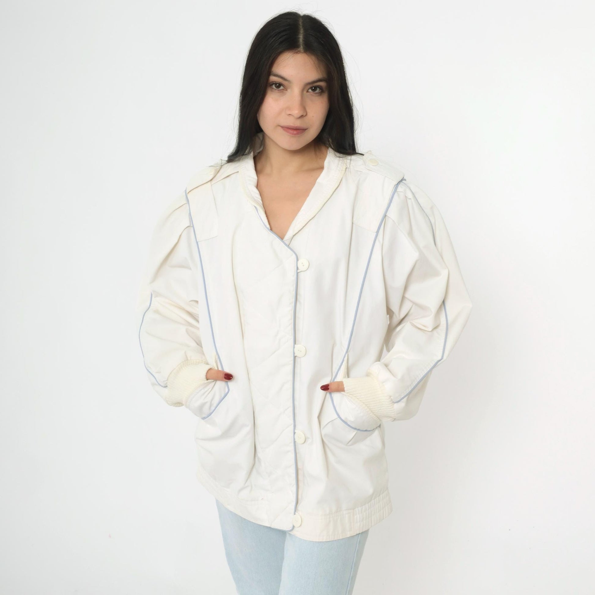 80s White Windbreaker Jacket Puff Sleeve Epaulet Bomber Medium