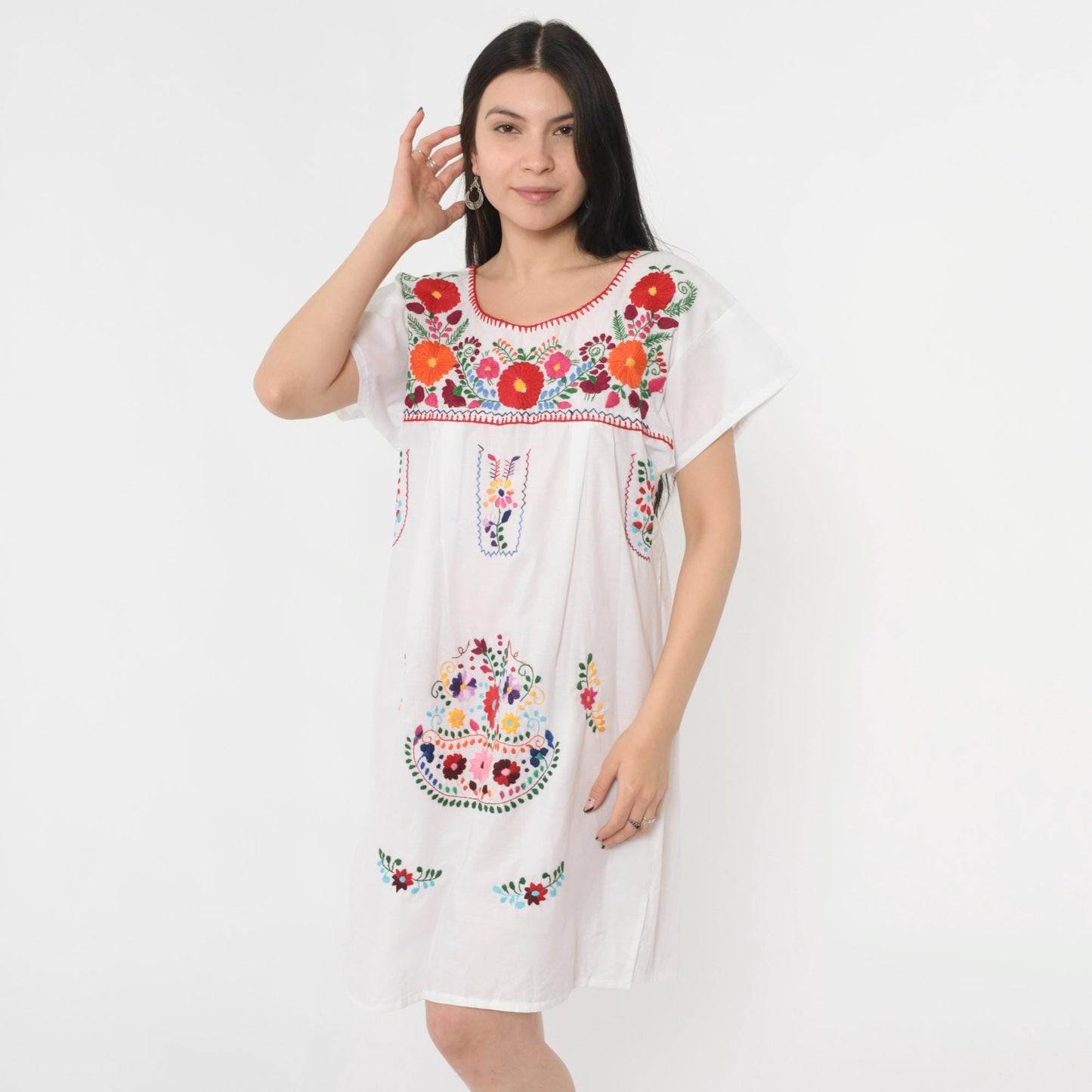 Y2K Mexican Floral Embroidered White Cotton Mini Dress Medium M