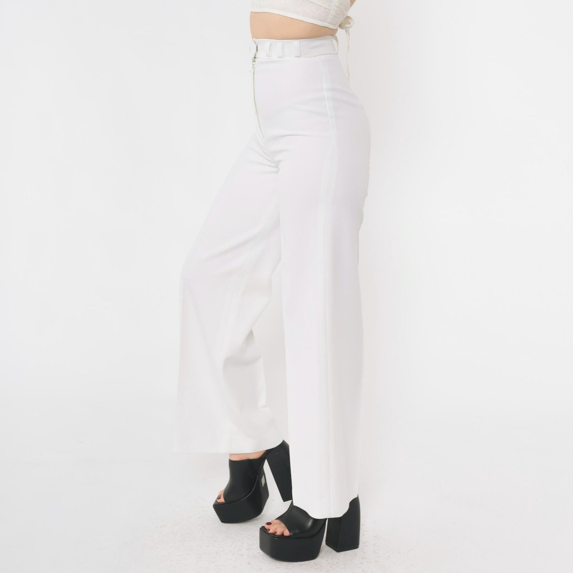 70s College Town White Bell Bottom Pants High Waist Crease Extra Small