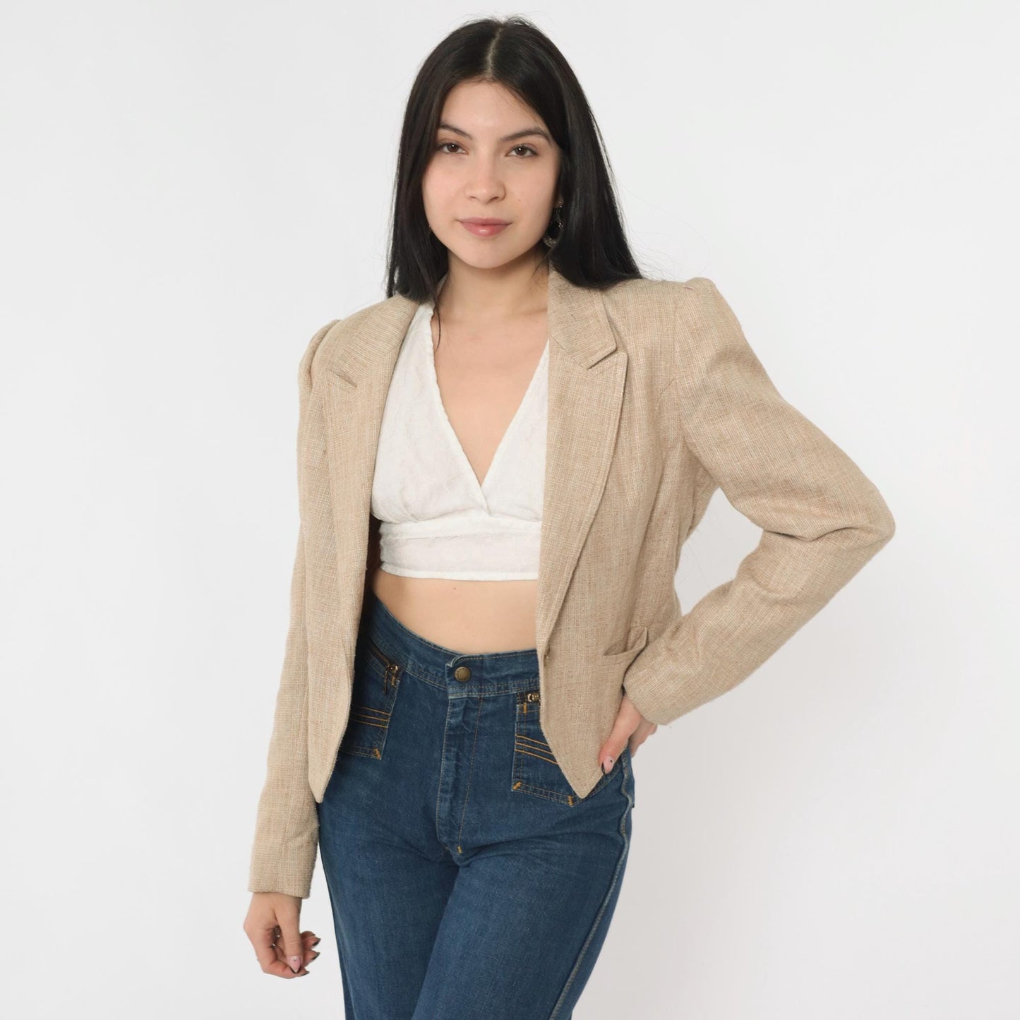 80s Tan Textured Blazer Puff Sleeve Single Button Cropped Tailored Medium