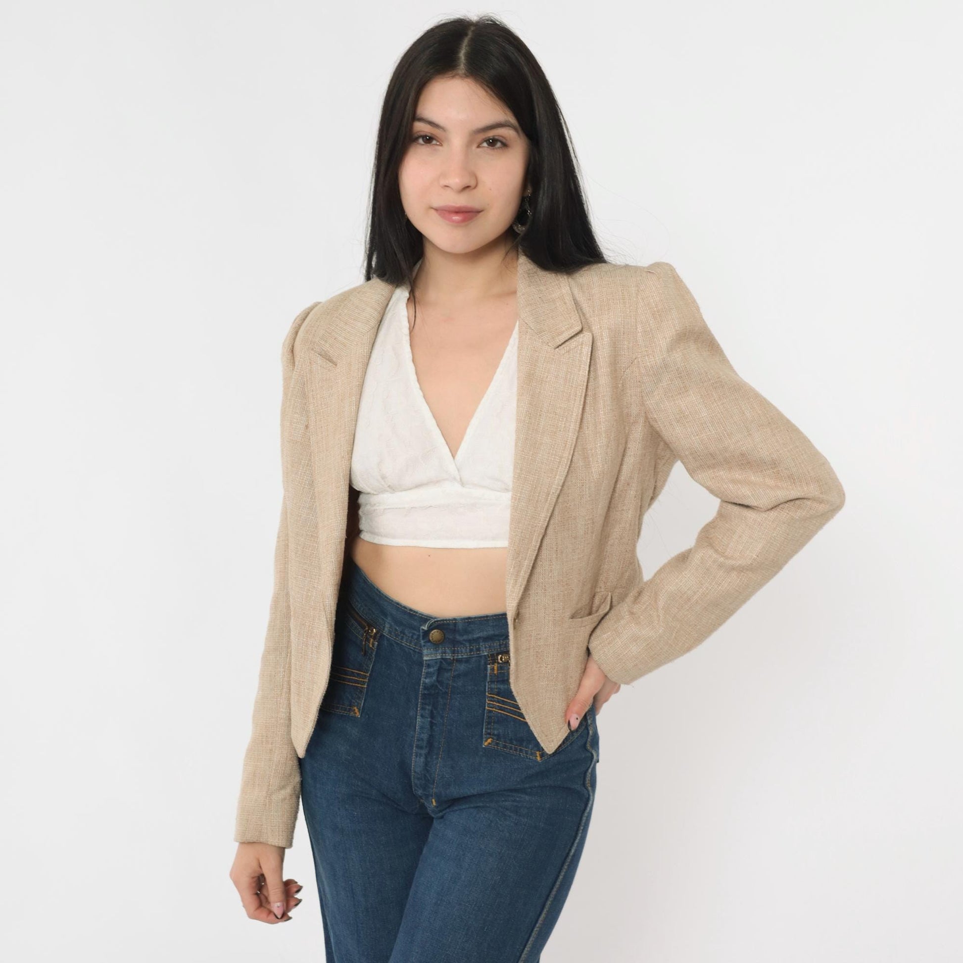 80s Tan Textured Blazer Puff Sleeve Single Button Cropped Tailored Medium