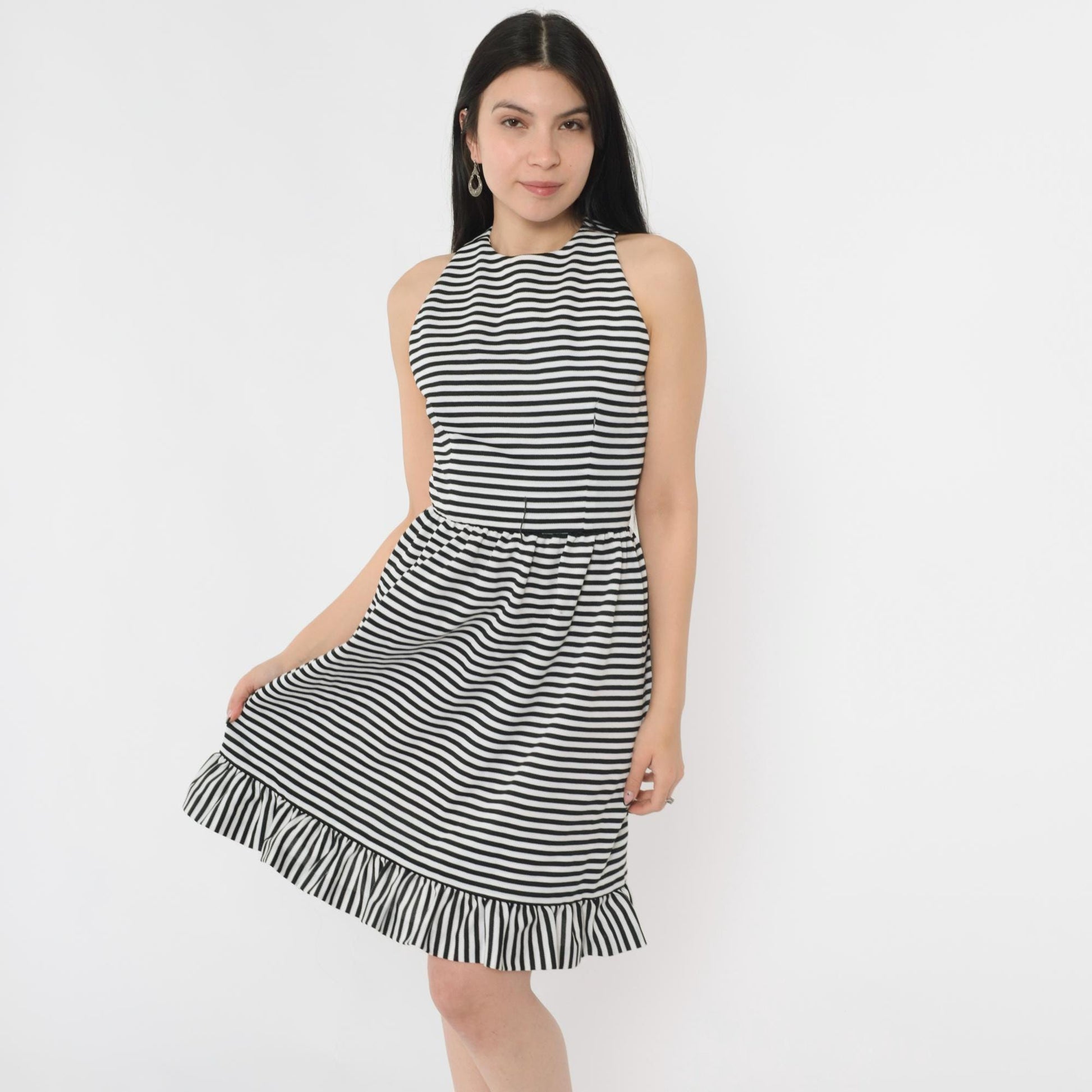 70s Joan Leslie Black White Striped Fit Flare Dress Criss-Cross Back Extra Small
