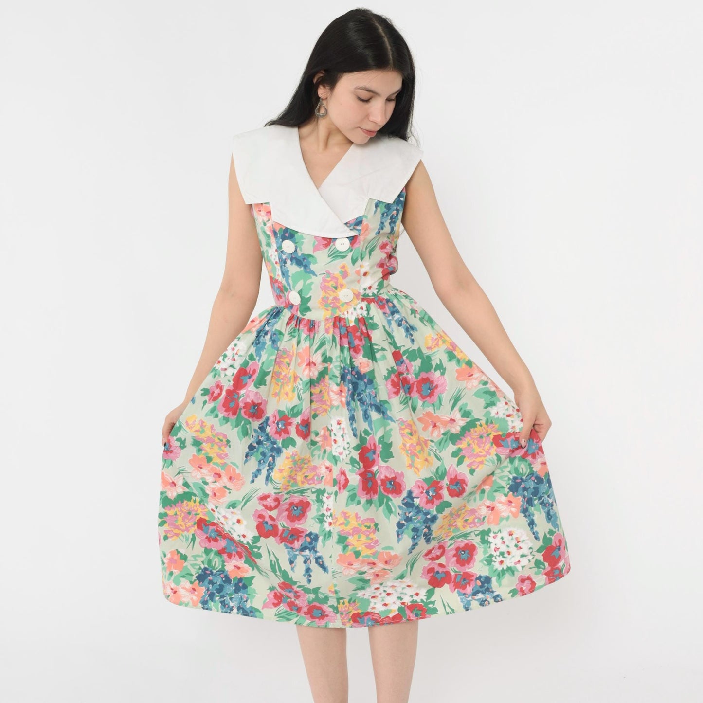 80s Floral Midi Dress Green White Collar Double Breasted Sleeveless Small