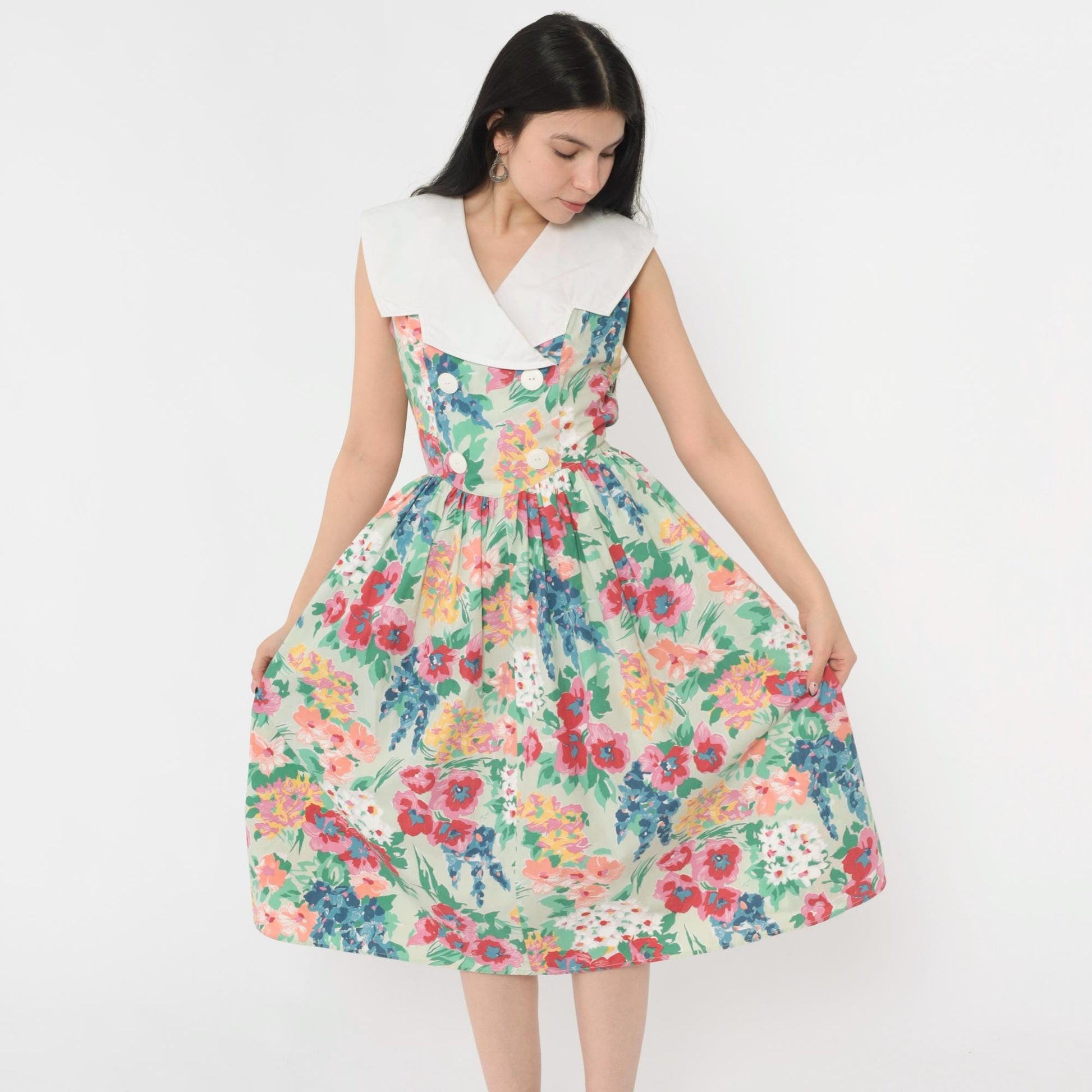 80s Floral Midi Dress Green White Collar Double Breasted Sleeveless Small