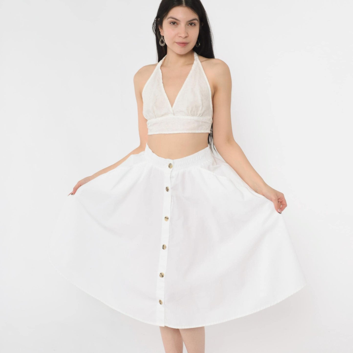 80s West Park White Button-Up Midi Skirt High Waist A-Line Pockets Small