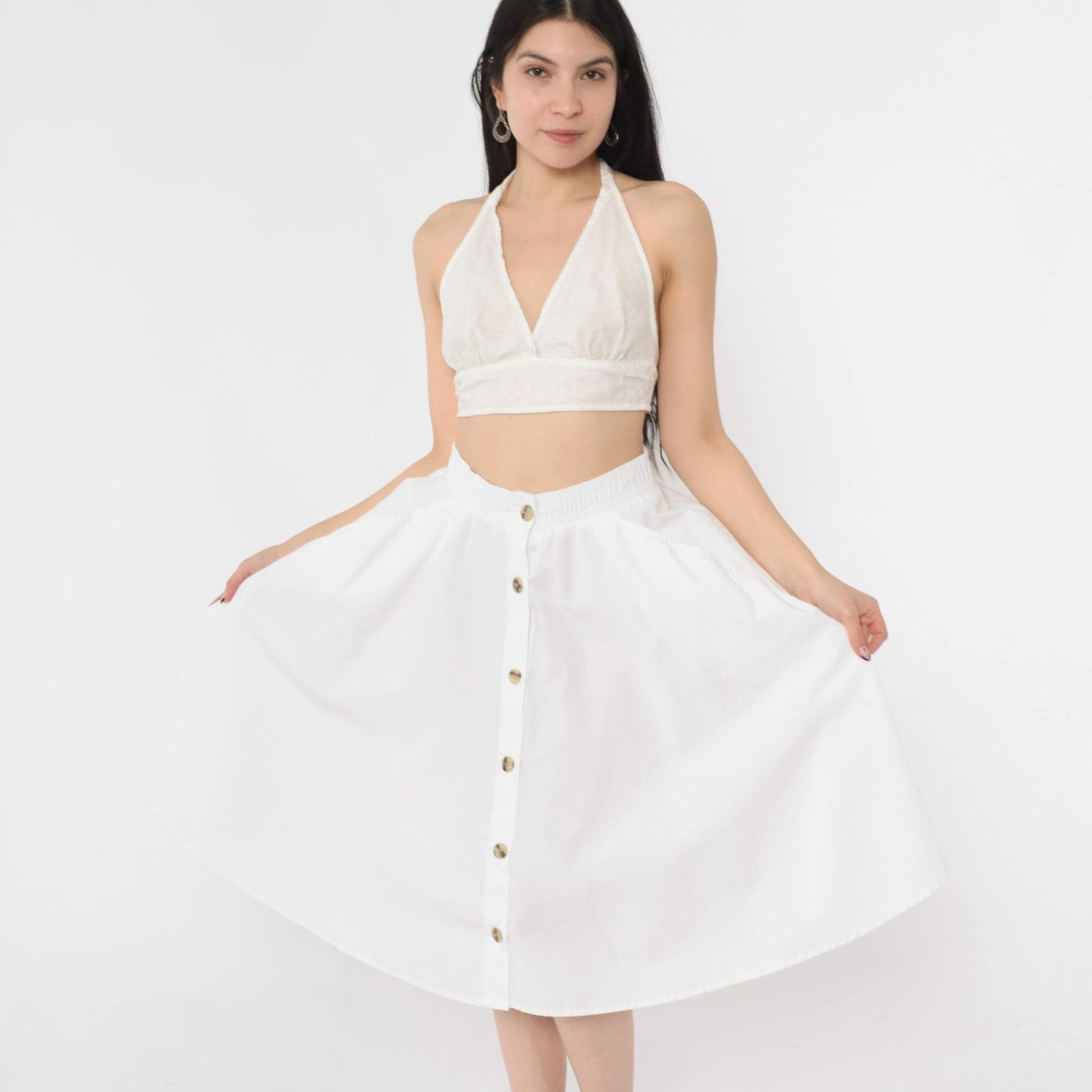 80s West Park White Button-Up Midi Skirt High Waist A-Line Pockets Small