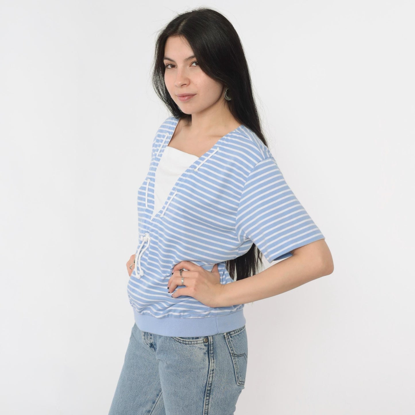 80s Jantzen Nautical Striped Shirt Light Blue White Drawstring Neck Medium Large