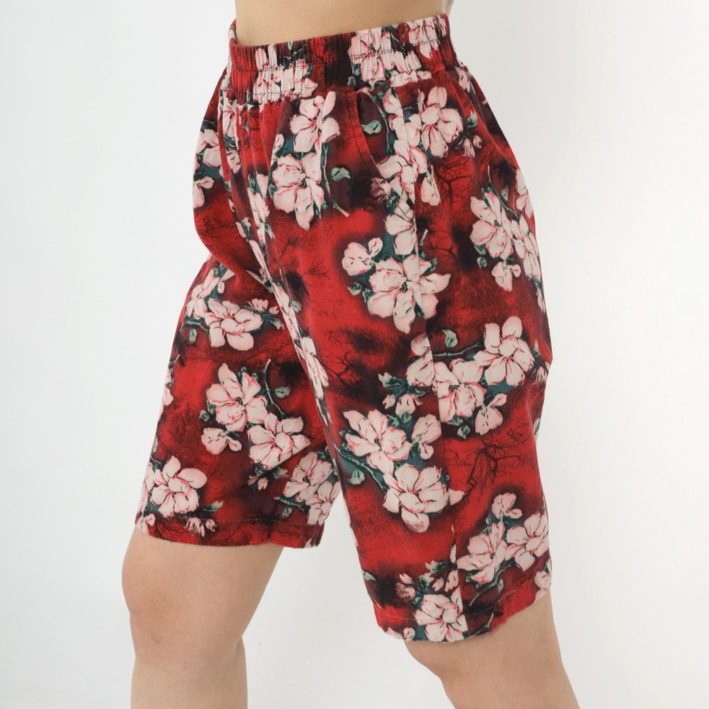90s Red Floral Bermuda Shorts High Waist Elastic Wide Leg Extra Small