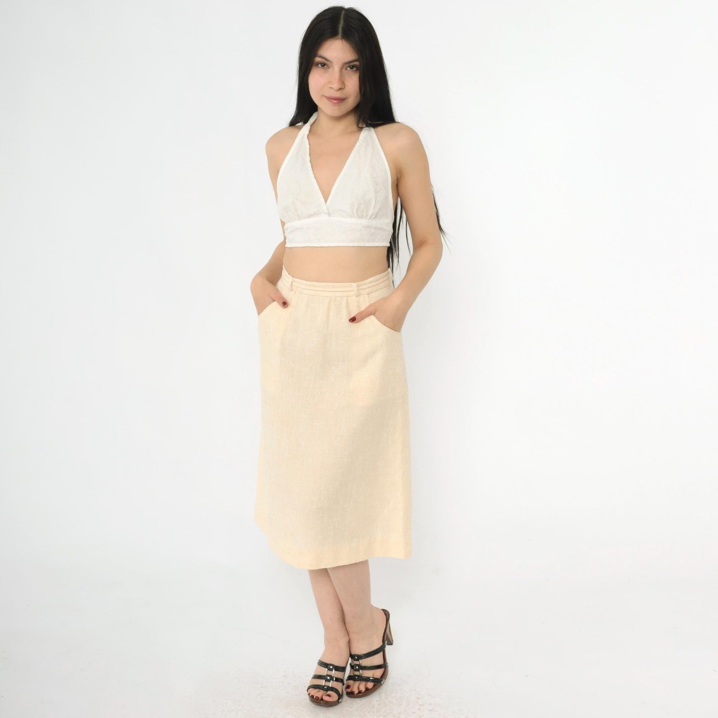 80s Cream Flecked A-Line Midi Skirt High Waist Tie Belt Pockets Small