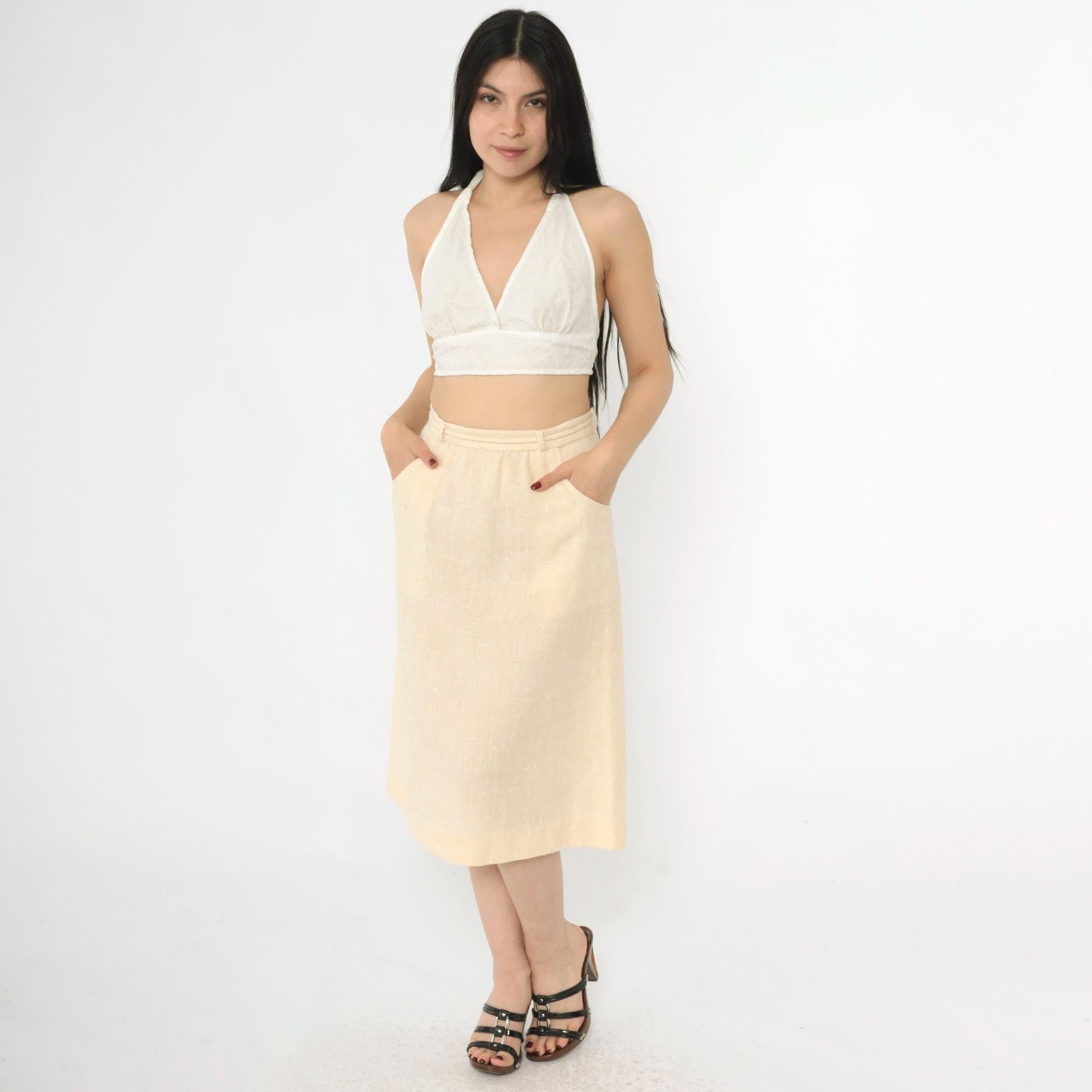 80s Cream Flecked A-Line Midi Skirt High Waist Tie Belt Pockets Small