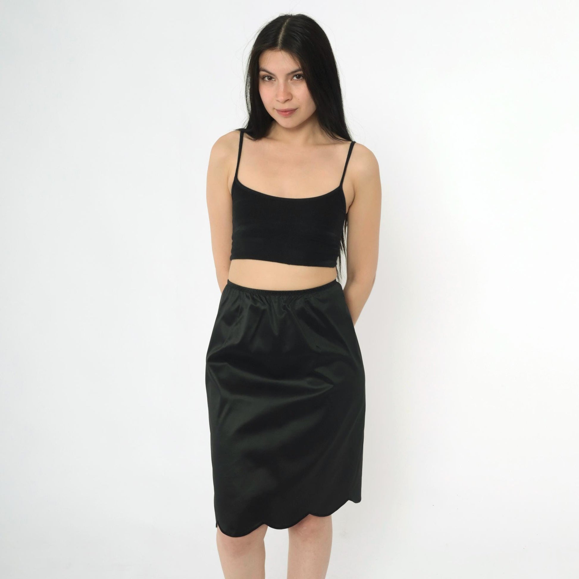 60s Vanity Fair Black Slip Skirt Scalloped Hem Lingerie Small