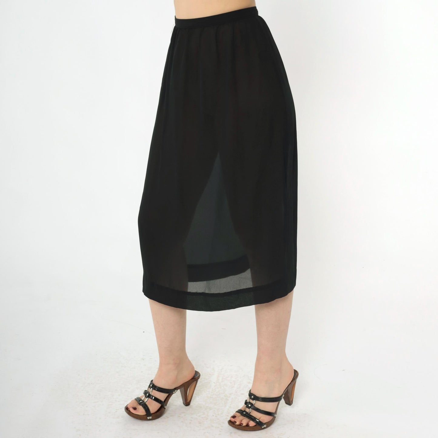 80s Black Sheer Midi Skirt High Waist Straight Cut Small