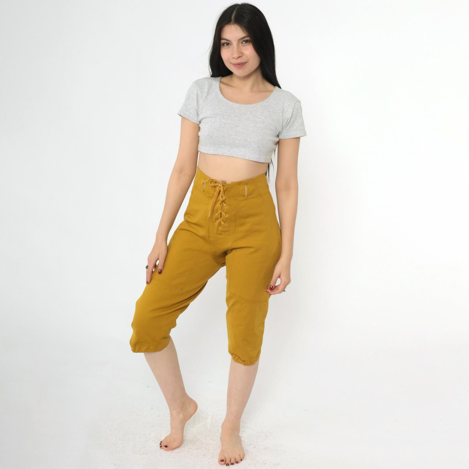 1960s Sand-Knit Football Pants Mustard Gold Lace-Up Cropped Medium