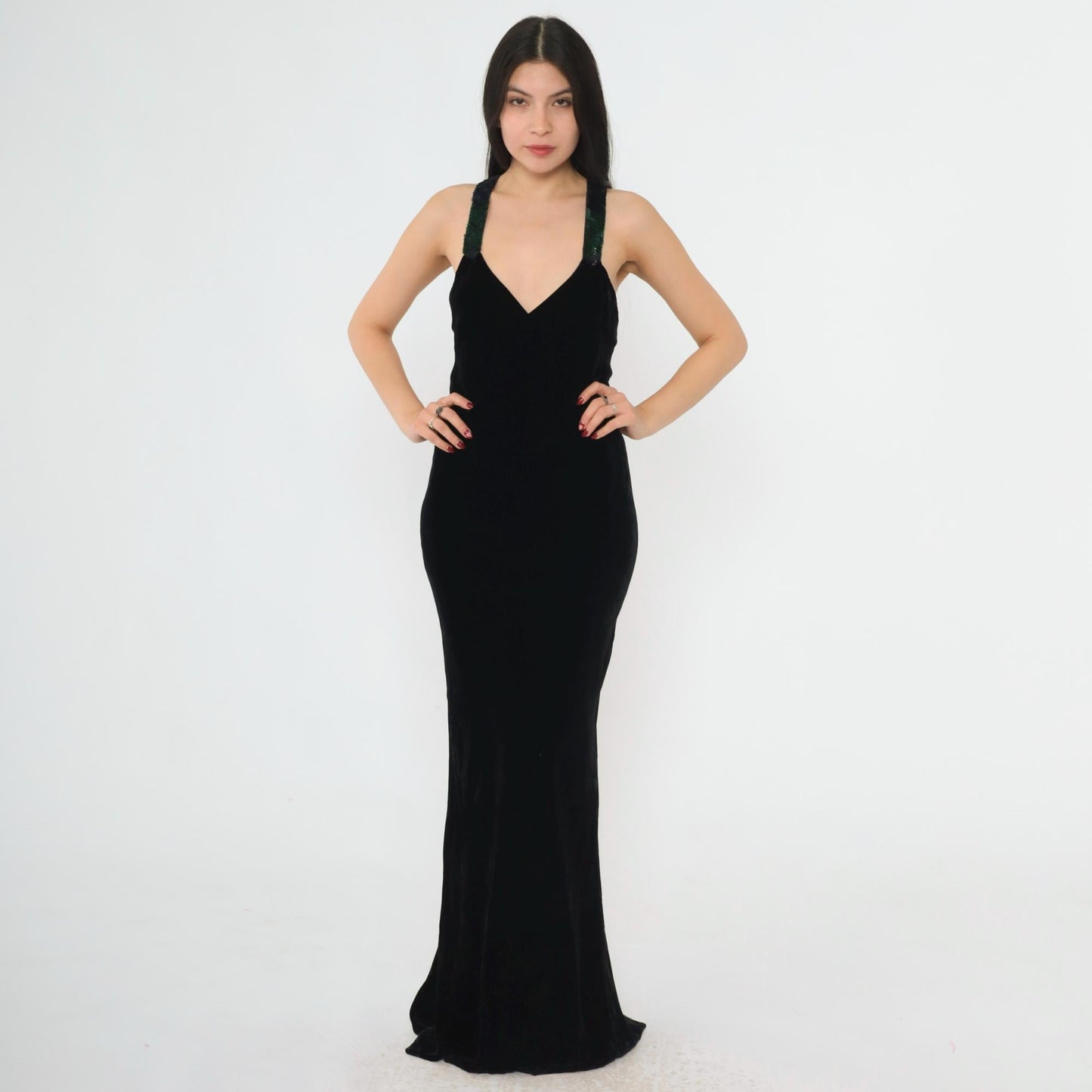 90s Ralph Lauren Collection Black Velvet Maxi Gown Sequin Straps Open Back Small 4