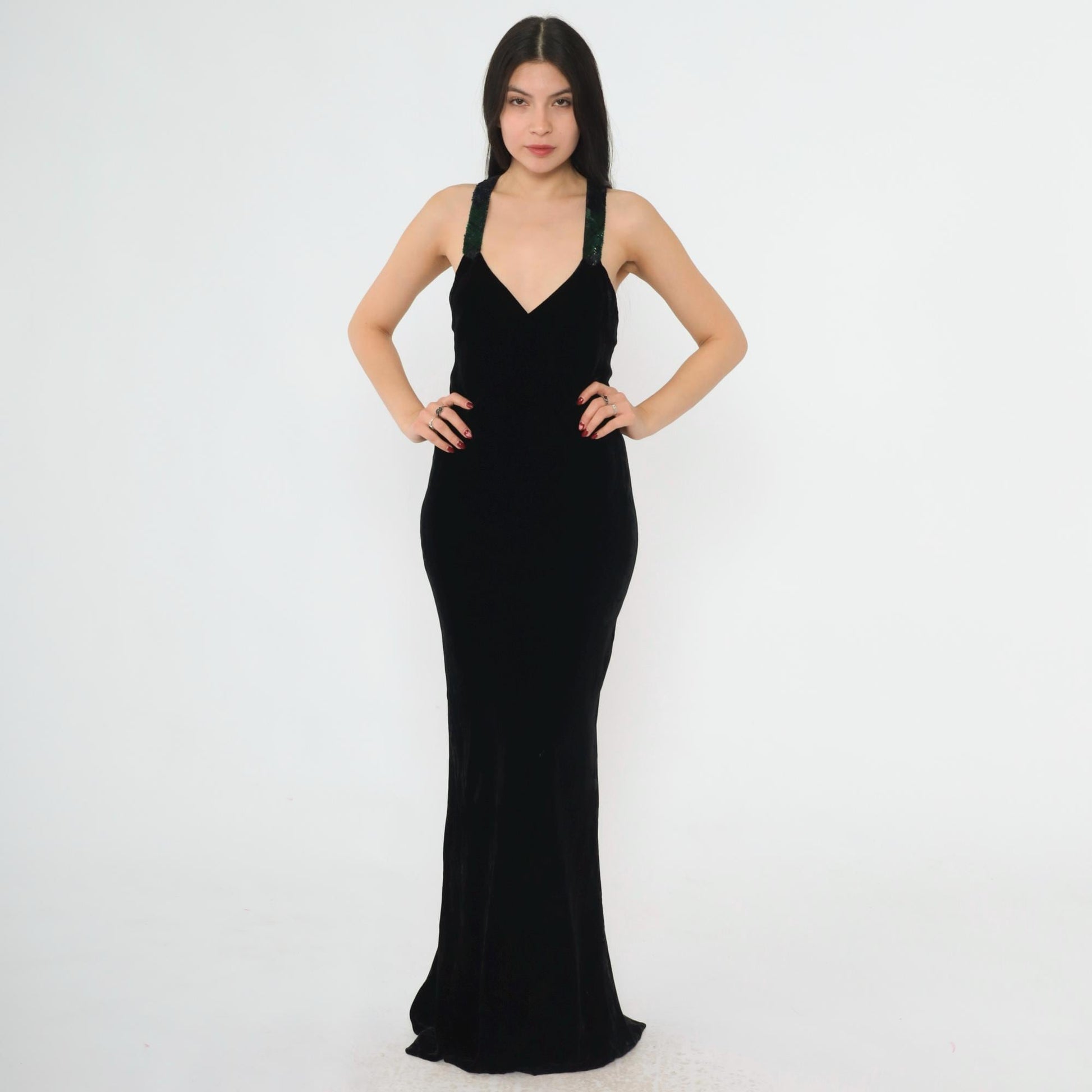 90s Ralph Lauren Collection Black Velvet Maxi Gown Sequin Straps Open Back Small 4