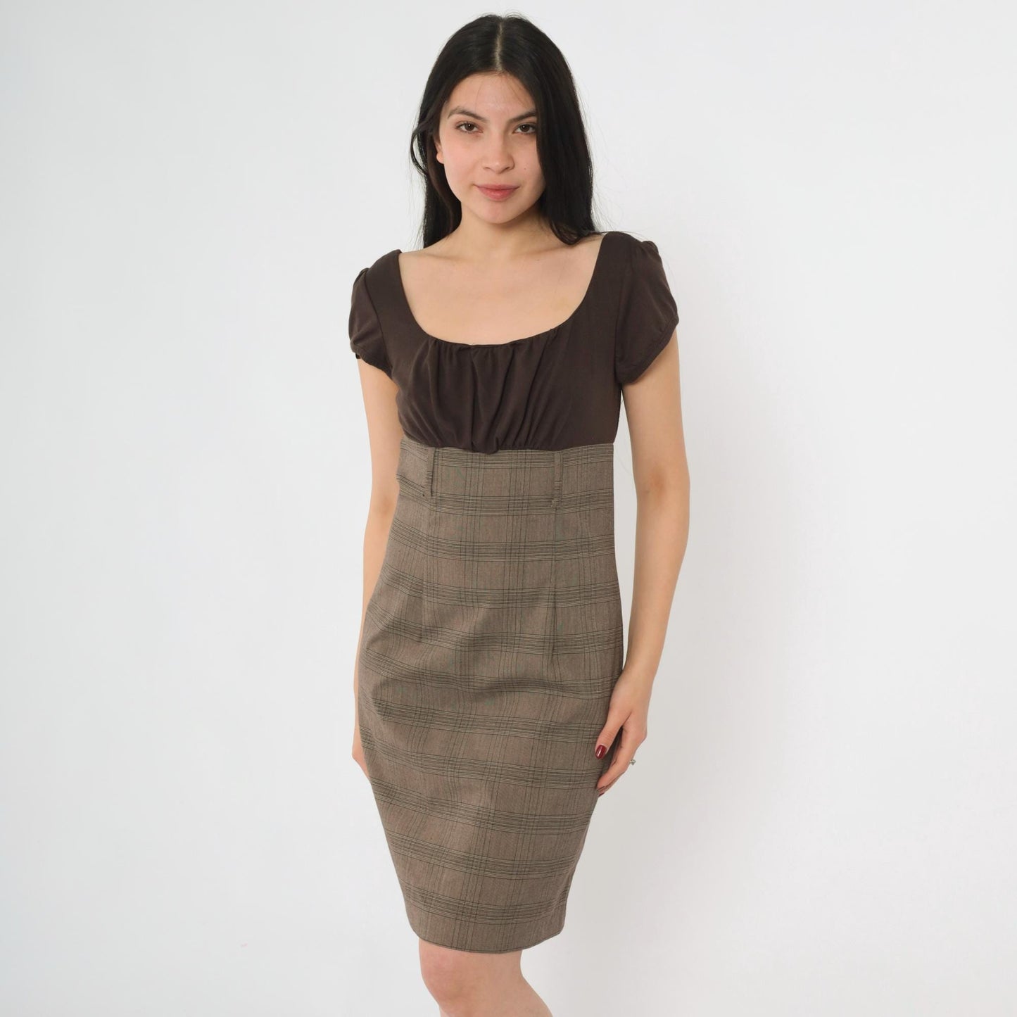 Y2K Brown Plaid Mini Dress Puff Sleeve Empire Waist Scoop Neck Small 7