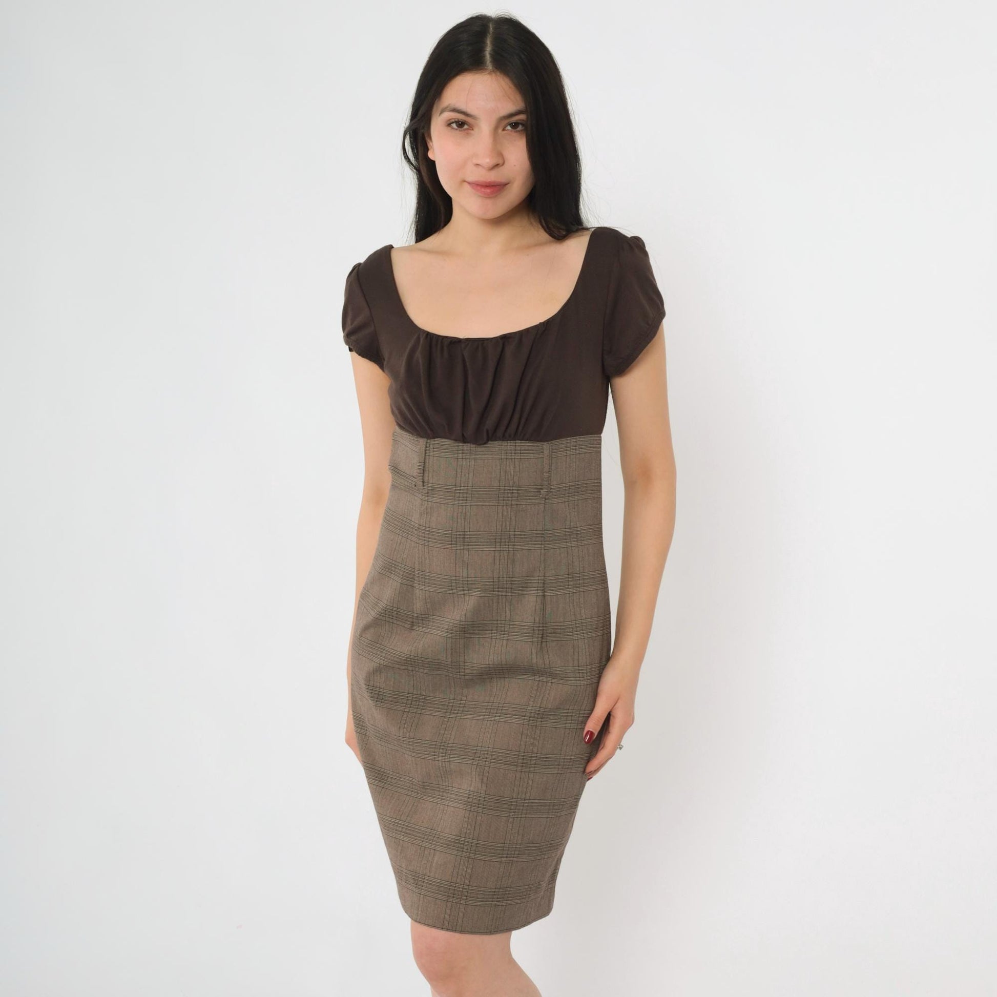 Y2K Brown Plaid Mini Dress Puff Sleeve Empire Waist Scoop Neck Small 7
