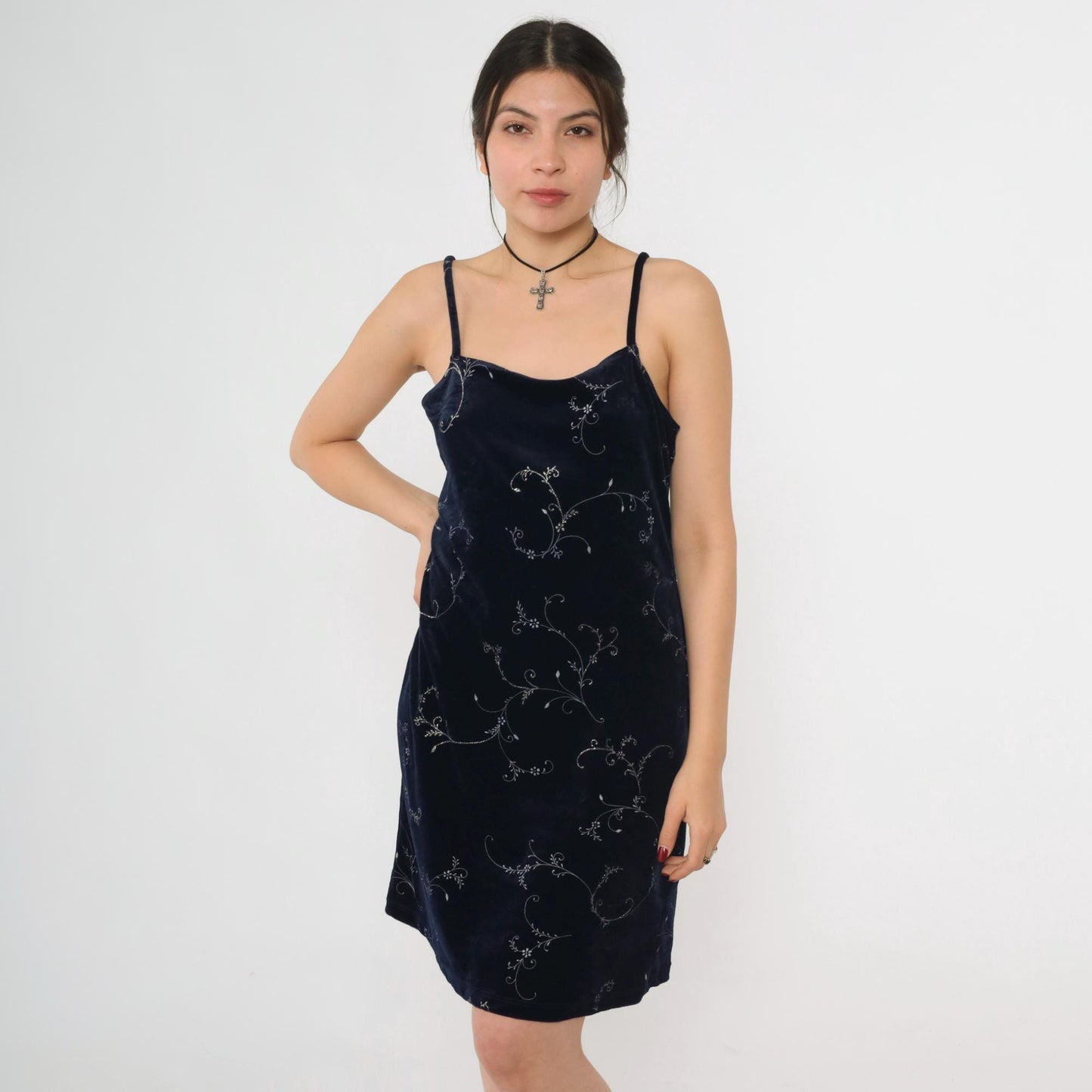 Y2K Navy Velvet Mini Dress Glittery Floral Spaghetti Strap Sheath Large