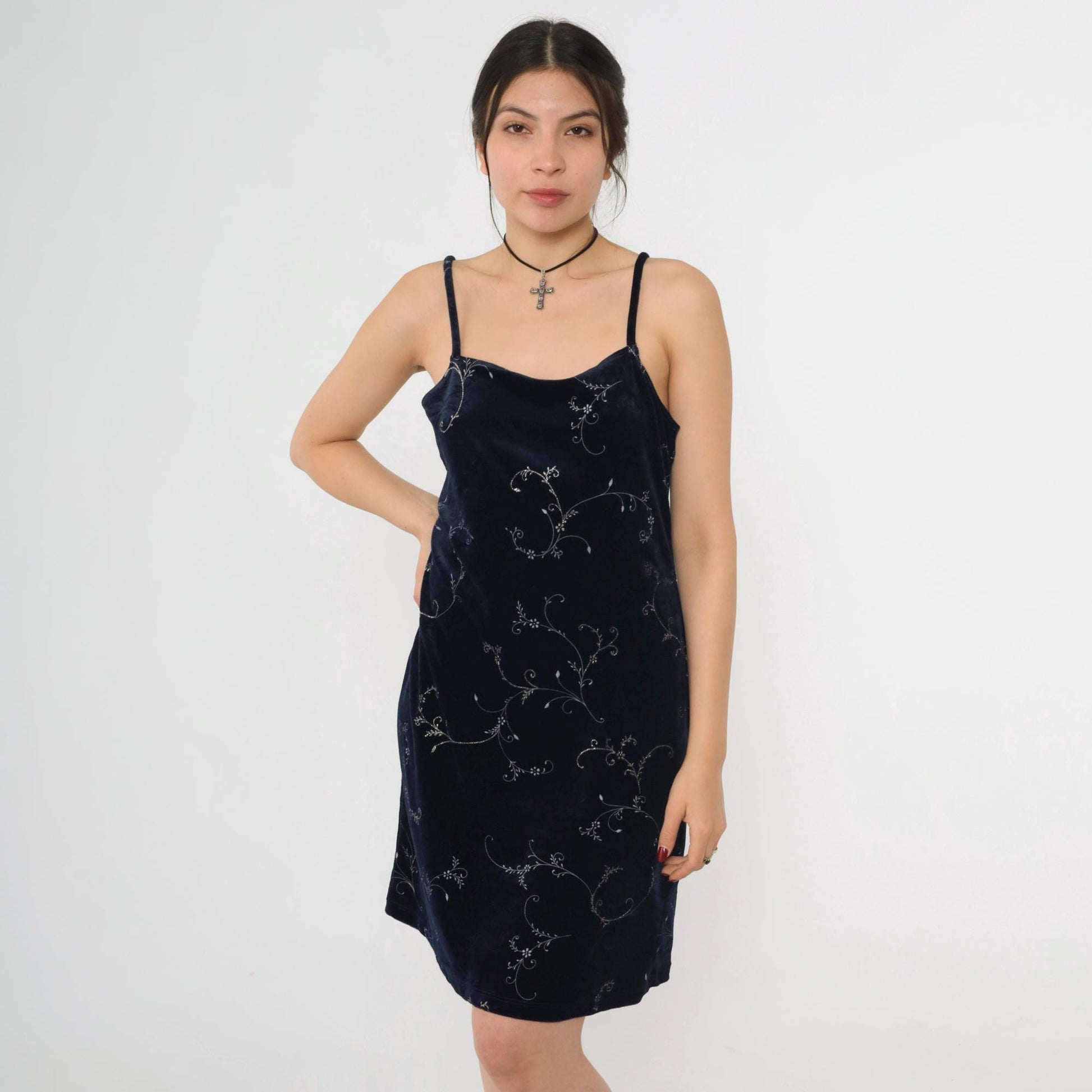Y2K Navy Velvet Mini Dress Glittery Floral Spaghetti Strap Sheath Large